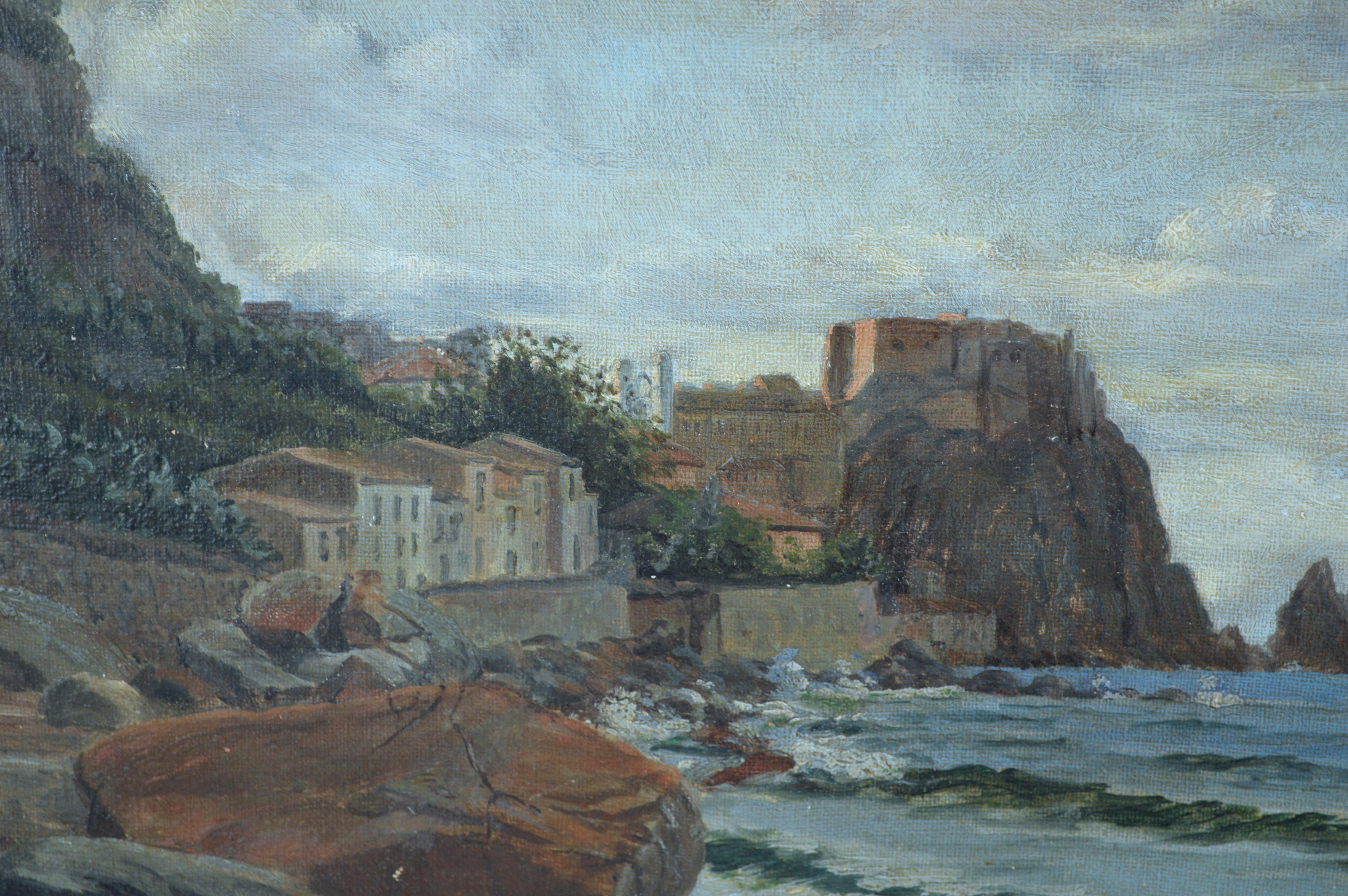 Sur la côte et le village norvégien vers 1900 - Impressionnisme Painting par Unknown
