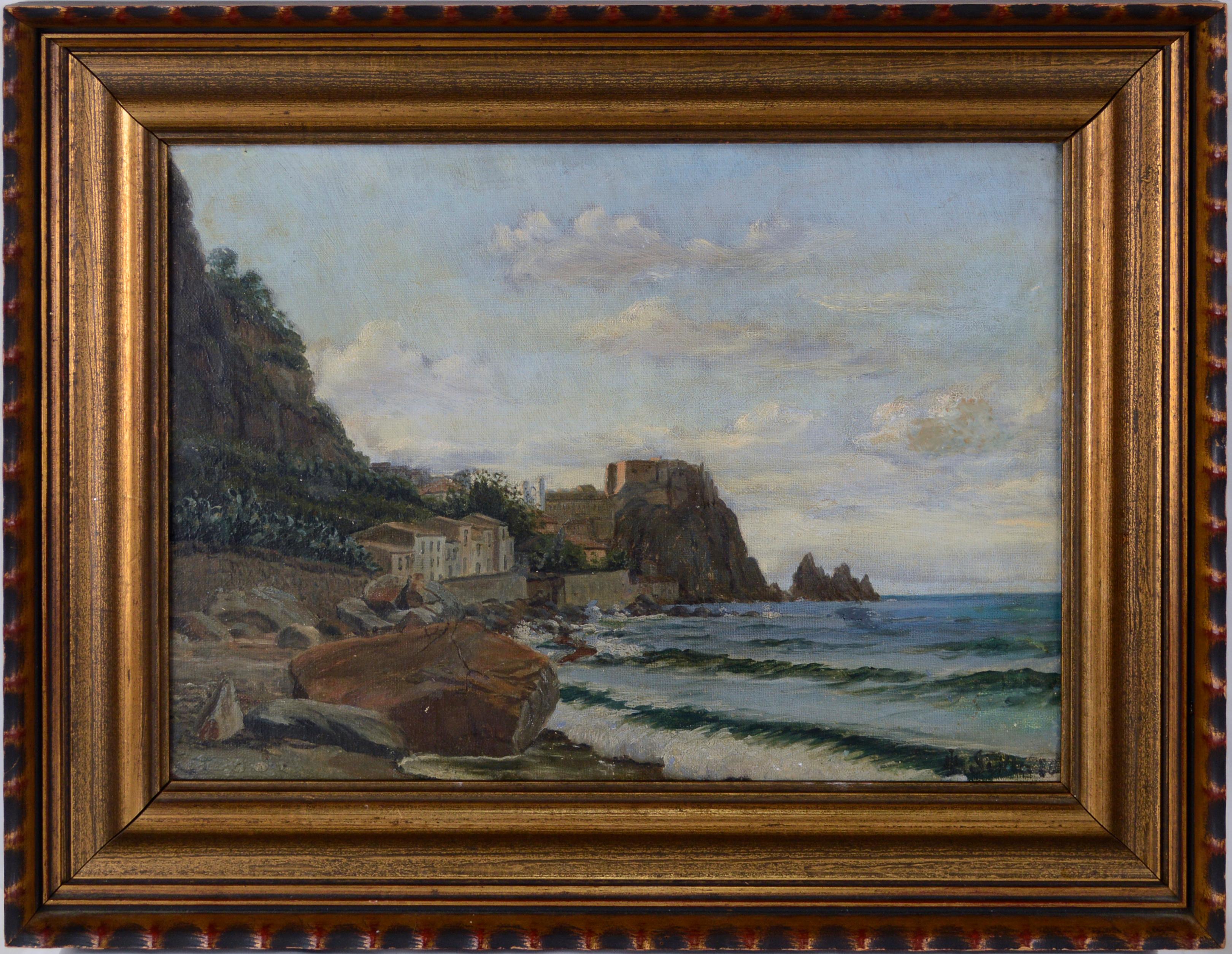 Landscape Painting Unknown - Sur la côte et le village norvégien vers 1900