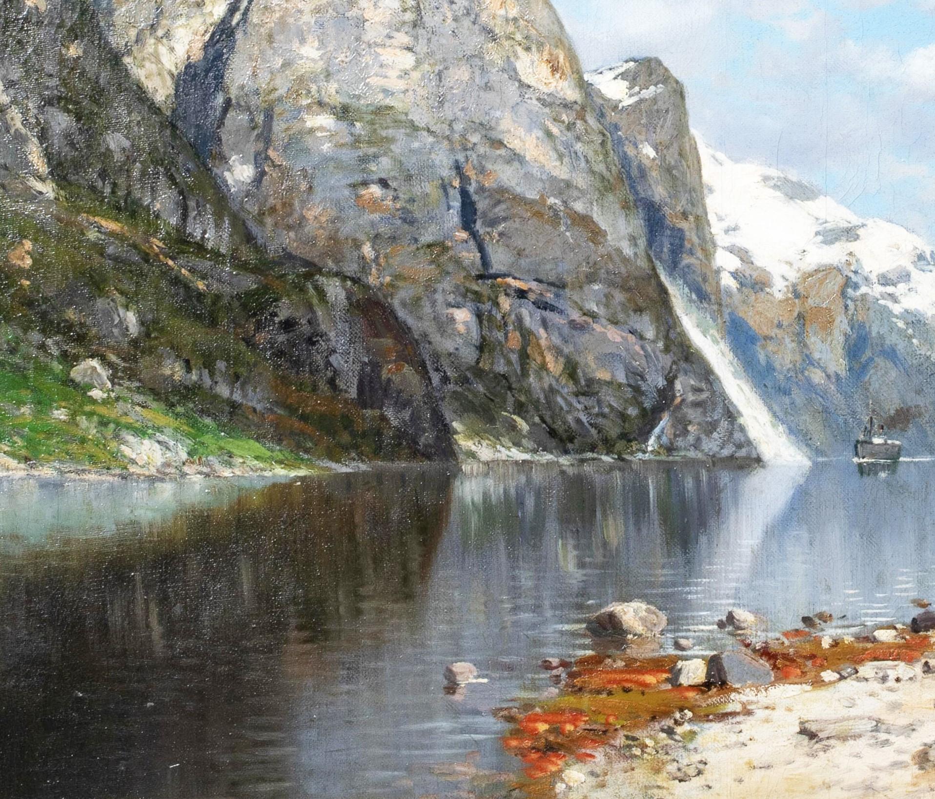 Norwegian Fjord Landscape, 19th century 

European School - signed indistinctly

Large 19th century European School view of a Norwegian Fjord, oil on canvas signed indistinctly. Excellent quality and condition work by an accomplished yet