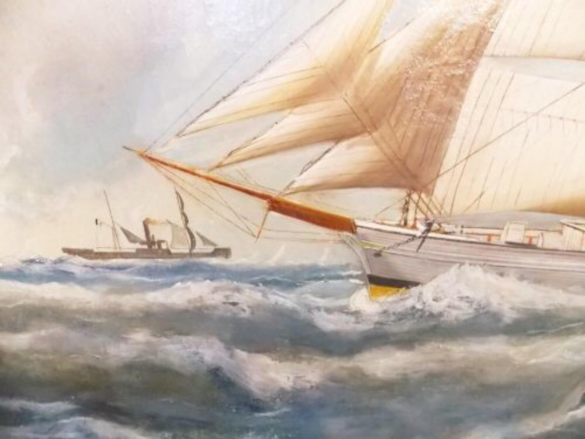 Description
Large Late 19th Century Oil Painting on Canvas of The Three Masted Vessel named PRONTO. 
-
This historically important painting is the only known surviving example painted shortly after the vessels construction in 1892 and sometime