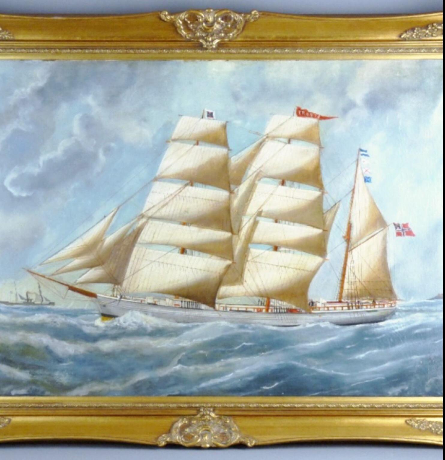  Norwegian Wooden Barque Sailing Vessel Built By B.Balchen Marine Oil Painting For Sale 3
