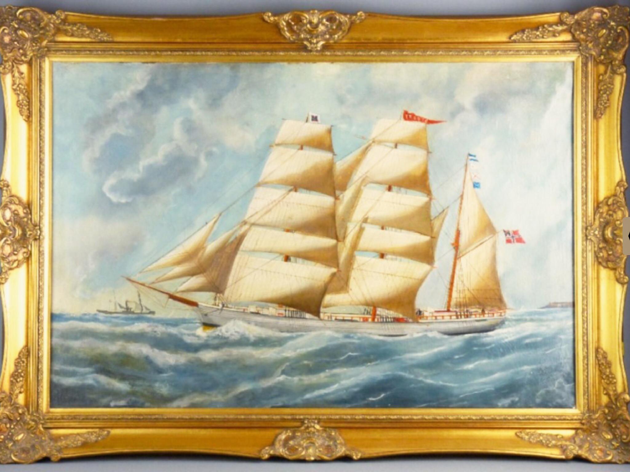  Norwegian Wooden Barque Sailing Vessel Built By B.Balchen Marine Oil Painting For Sale 4