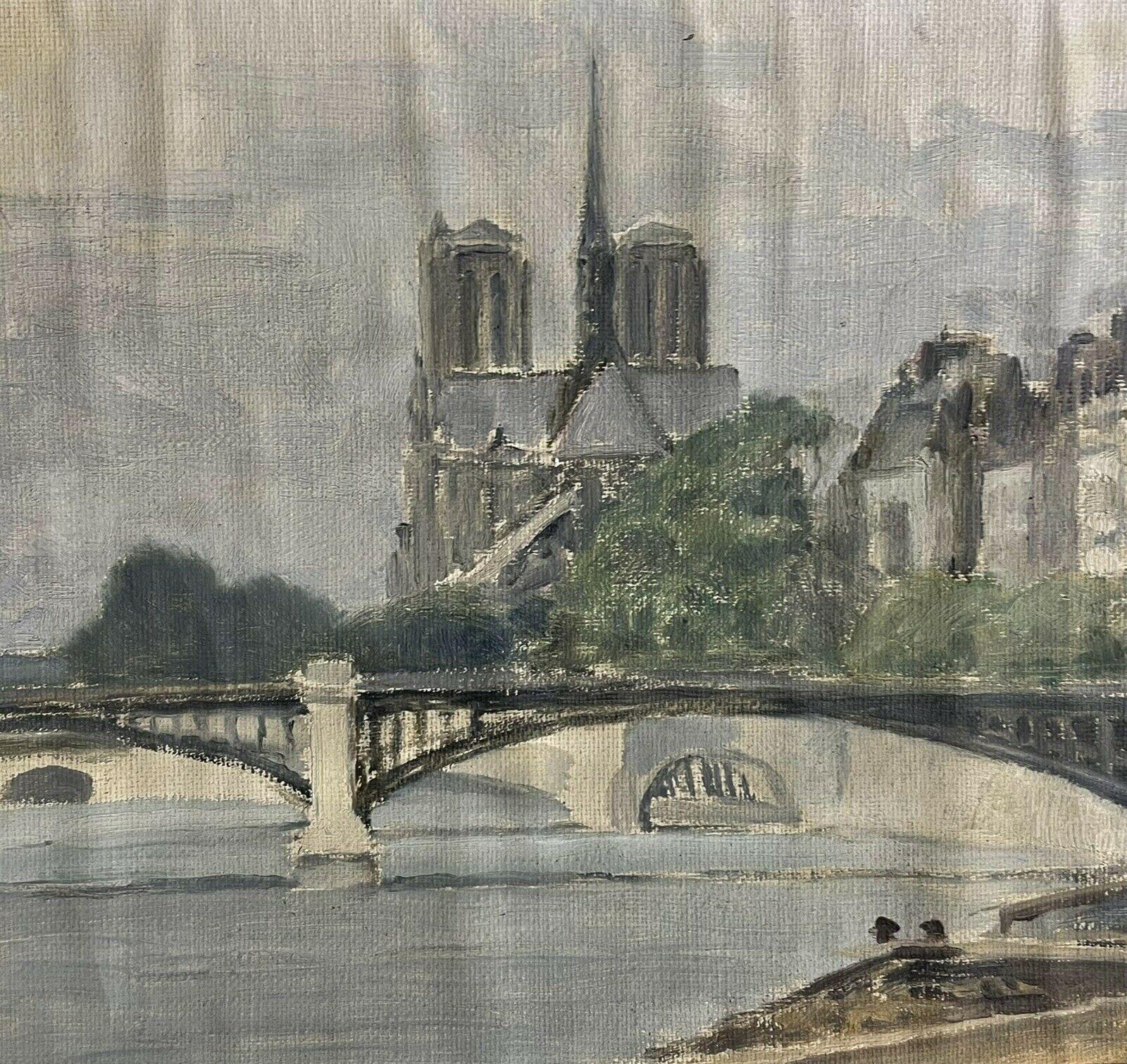 Notre Dame Paris from the River Seine, Mid 20th Century French Framed Oil - Brown Landscape Painting by Unknown