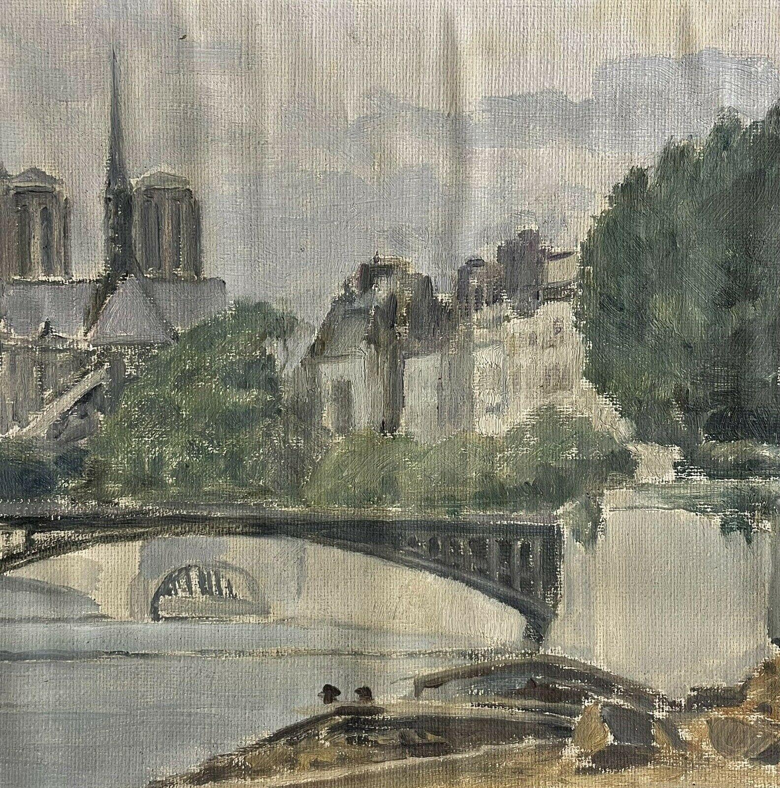 Artist/ School: French School, mid 20th century

Title: Notre Dame Paris, from the River Seine

Medium: oil painting on canvas laid to board. 

Measures: framed: 12 x 16.25 inches
painting: 8.75 x 13 inches

Provenance: private collection,