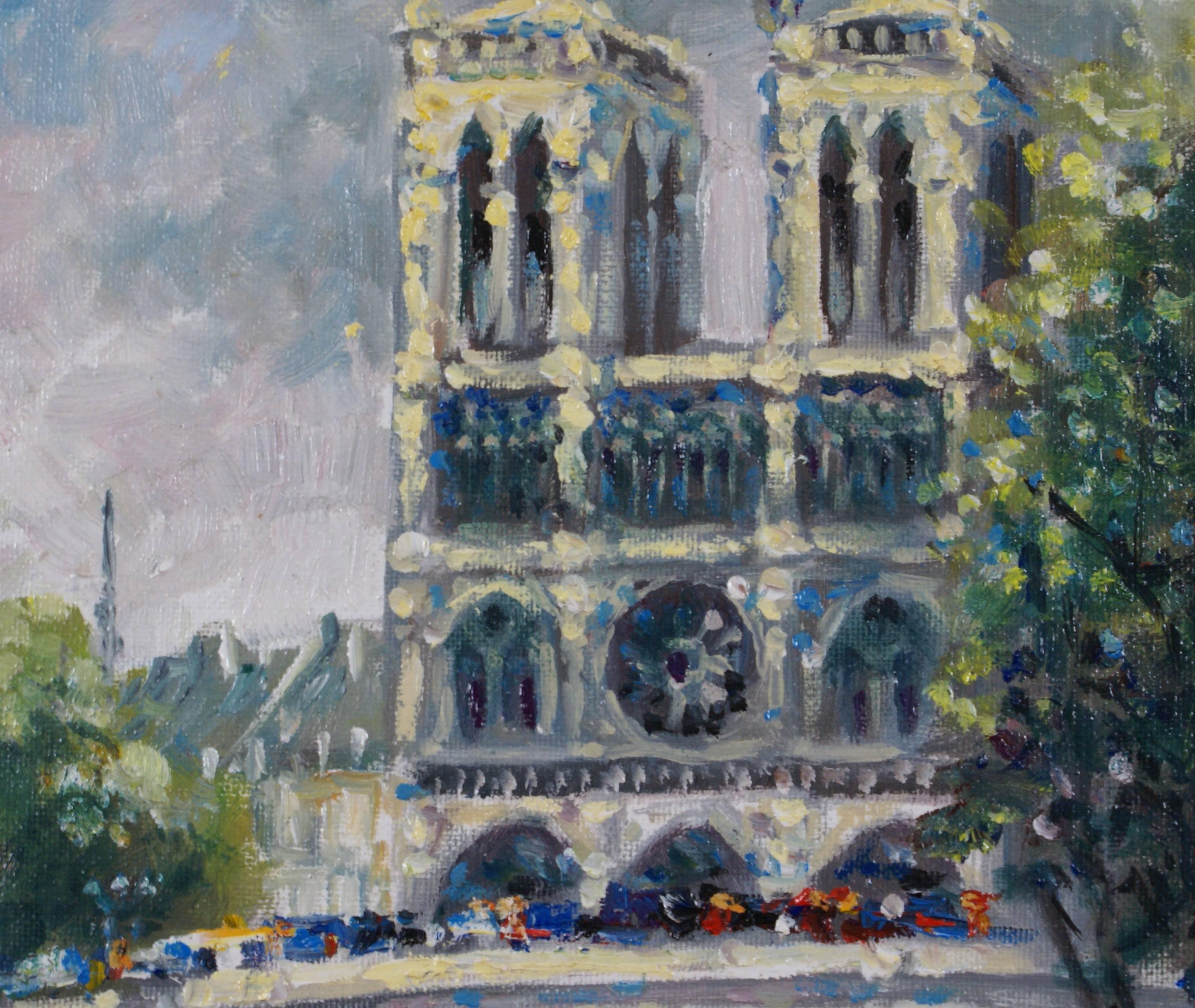 Notre Dame, Paris - Gray Figurative Painting by Unknown