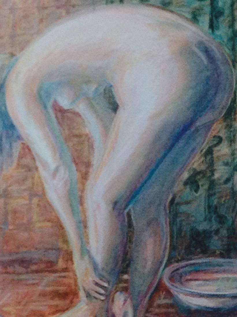 5-214a  A female nude acrylic on stretched canvas displayed in a wood strip frame.Artist unknown