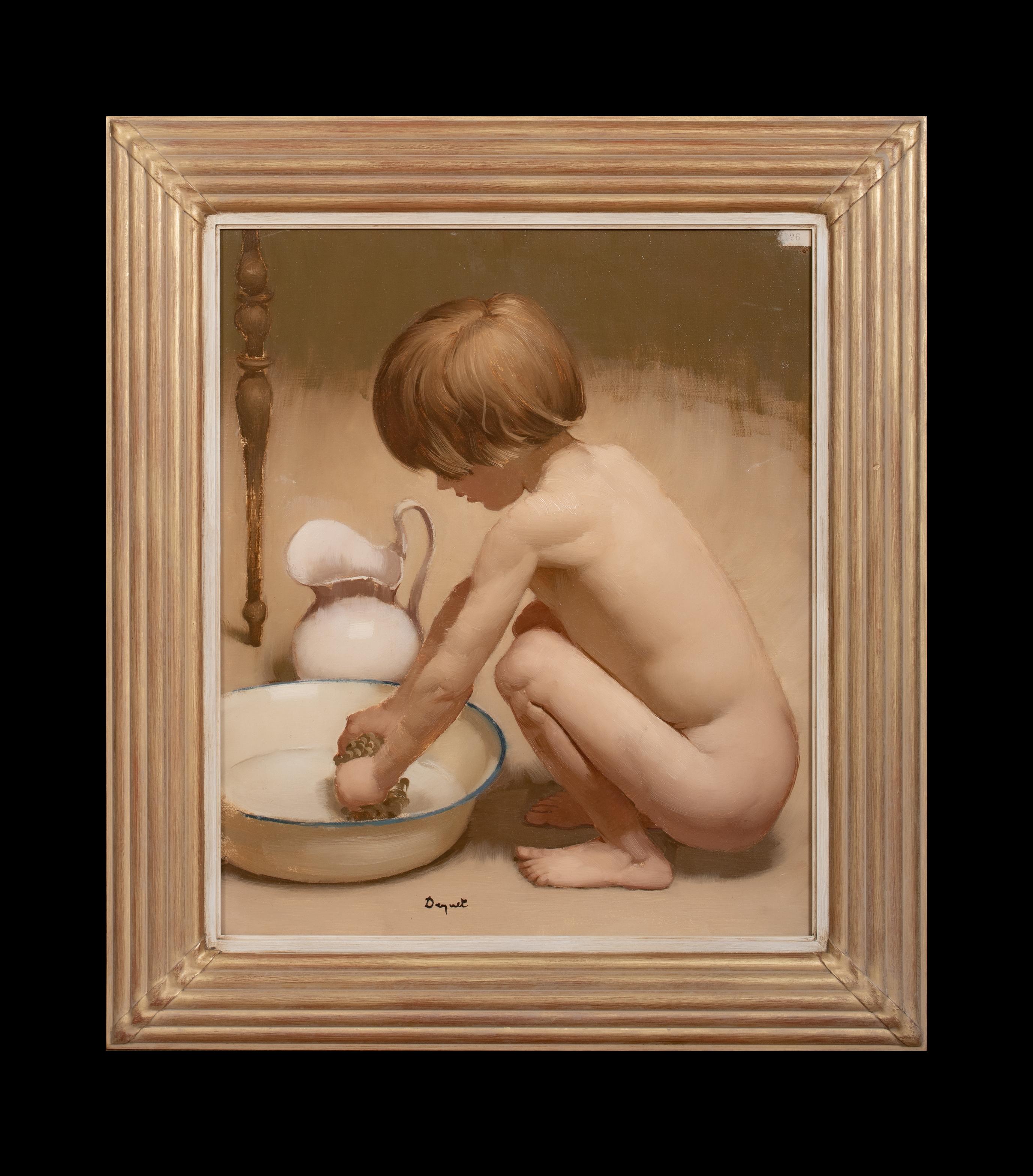 Nude Boy Bathing, early 20th Century  French School - signed indistinctly - Painting by Unknown
