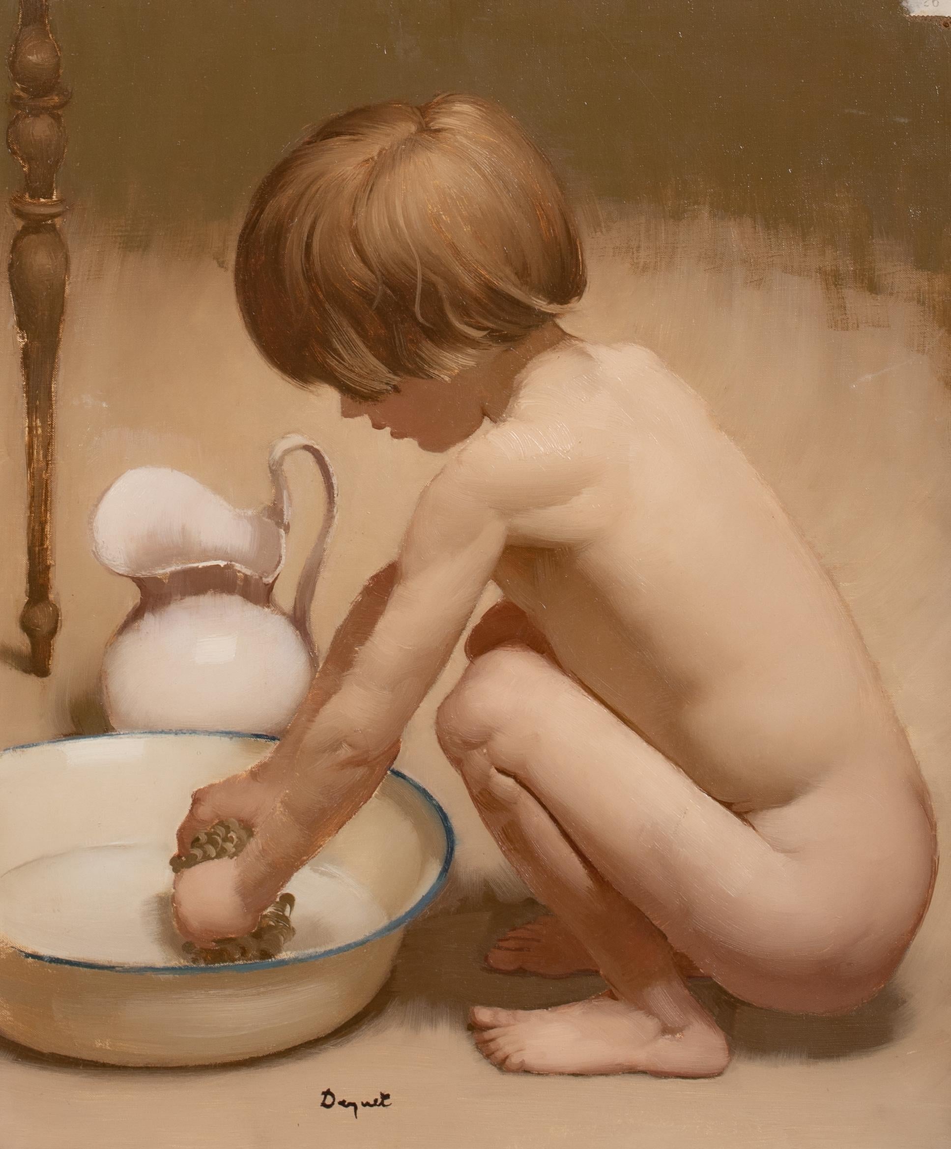 Nude Boy Bathing, early 20th Century

French School - signed indistinctly

Large early 20th Century French School portrait of a young boy preparing to bath himself, oil on canvas signed indistinctly. Excellent quality and condition presented in a