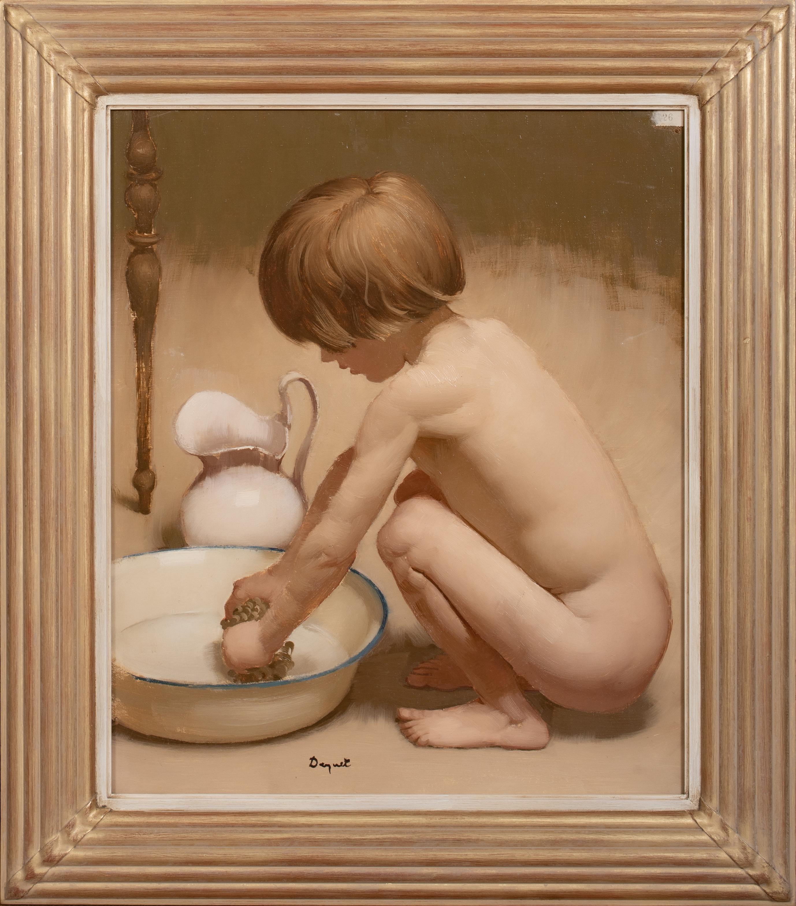 Unknown Nude Painting - Nude Boy Bathing, early 20th Century  French School - signed indistinctly