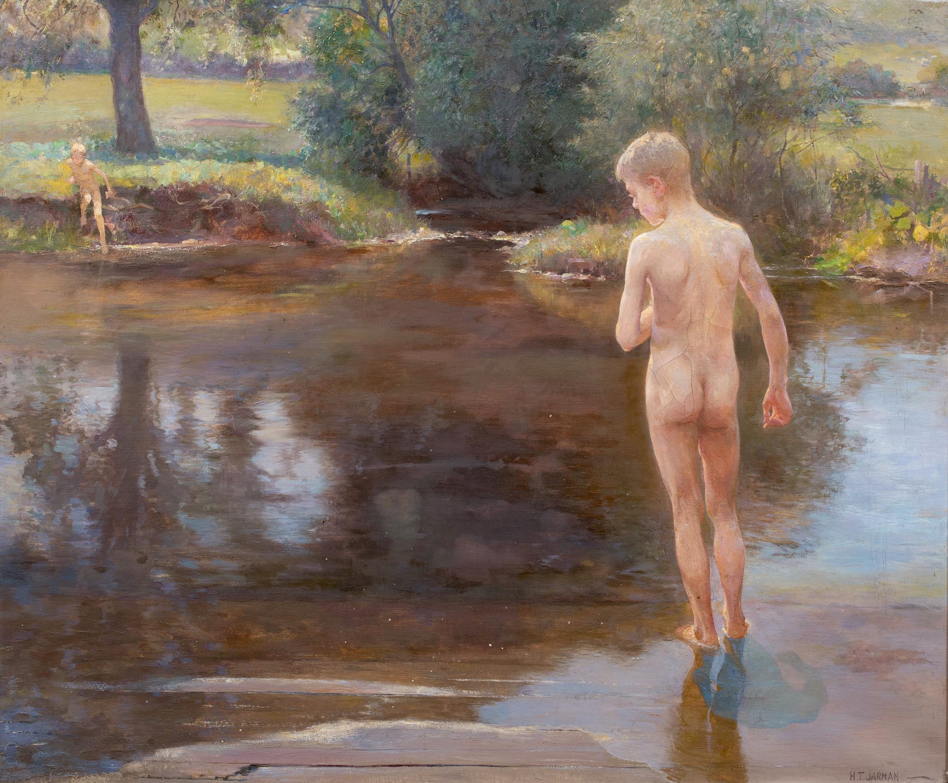 Nude Boys At A Lake, circa 1920

by Henry Thomas Jarman (1871-1956)

Large circa 1920 scene of two boys paddling by a lake, oil on canvas by Henry Thomas Jarman. Beautiful early 20th century scene of the two naked boys in summer paddling on the