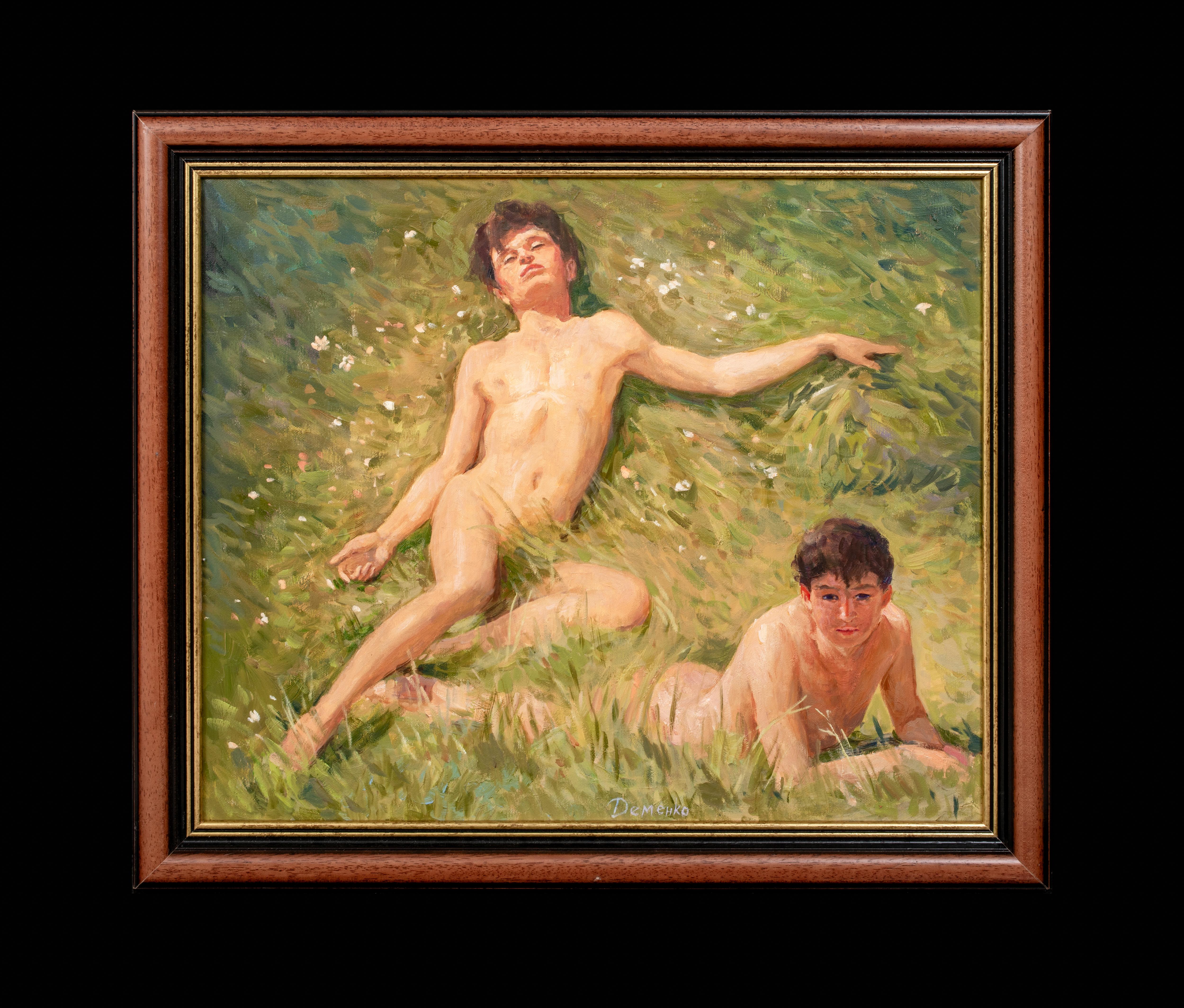 Männliche Jungen im Sommergras   – Painting von Unknown