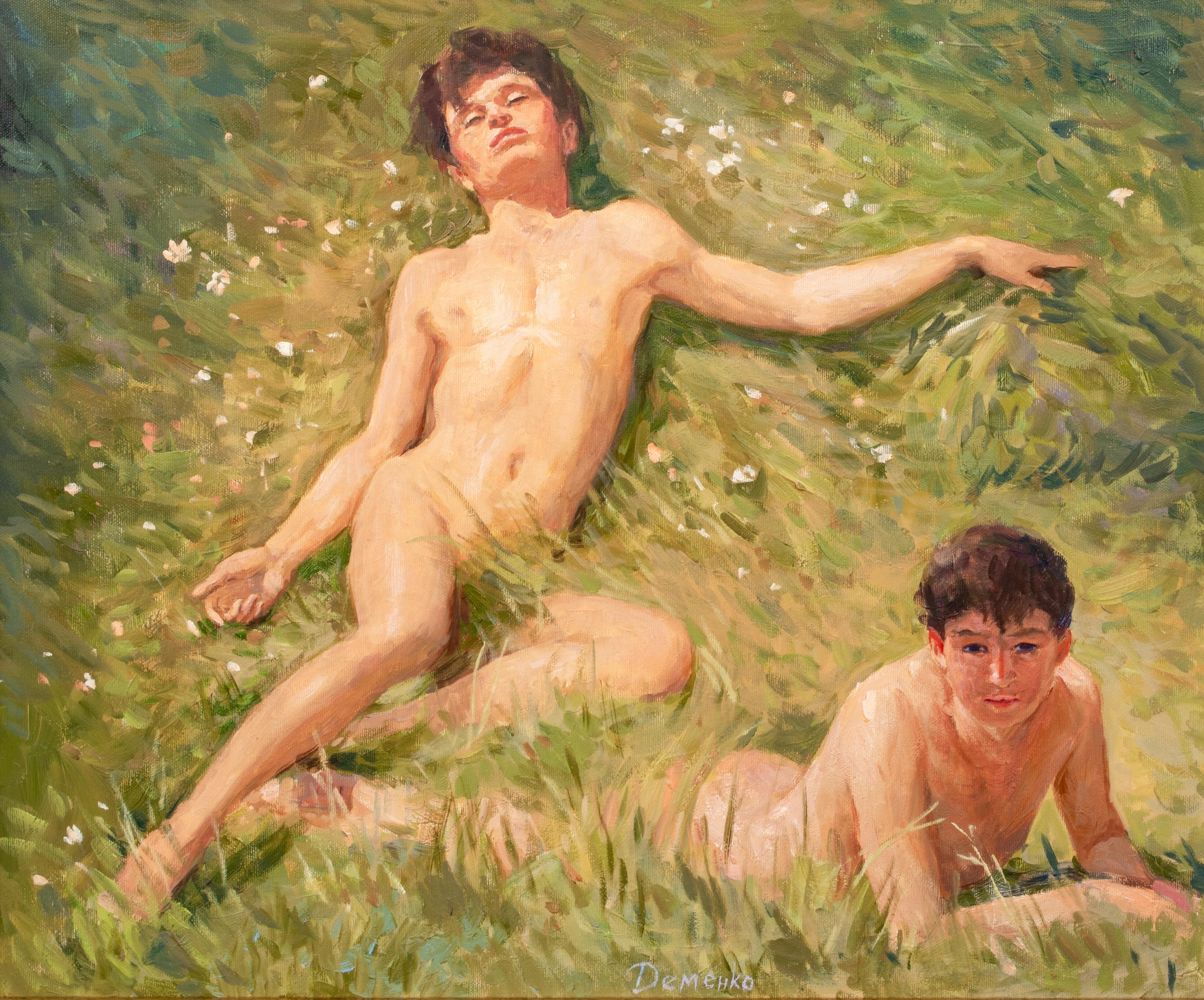 Nude Boys In The Summer Grass

signed and inscribed verso

Large European School portrait of two nude boys resting in the sunlit long grass, oil on canvas. Excellent quality and condition, signed and dated. Presented in its original frame.