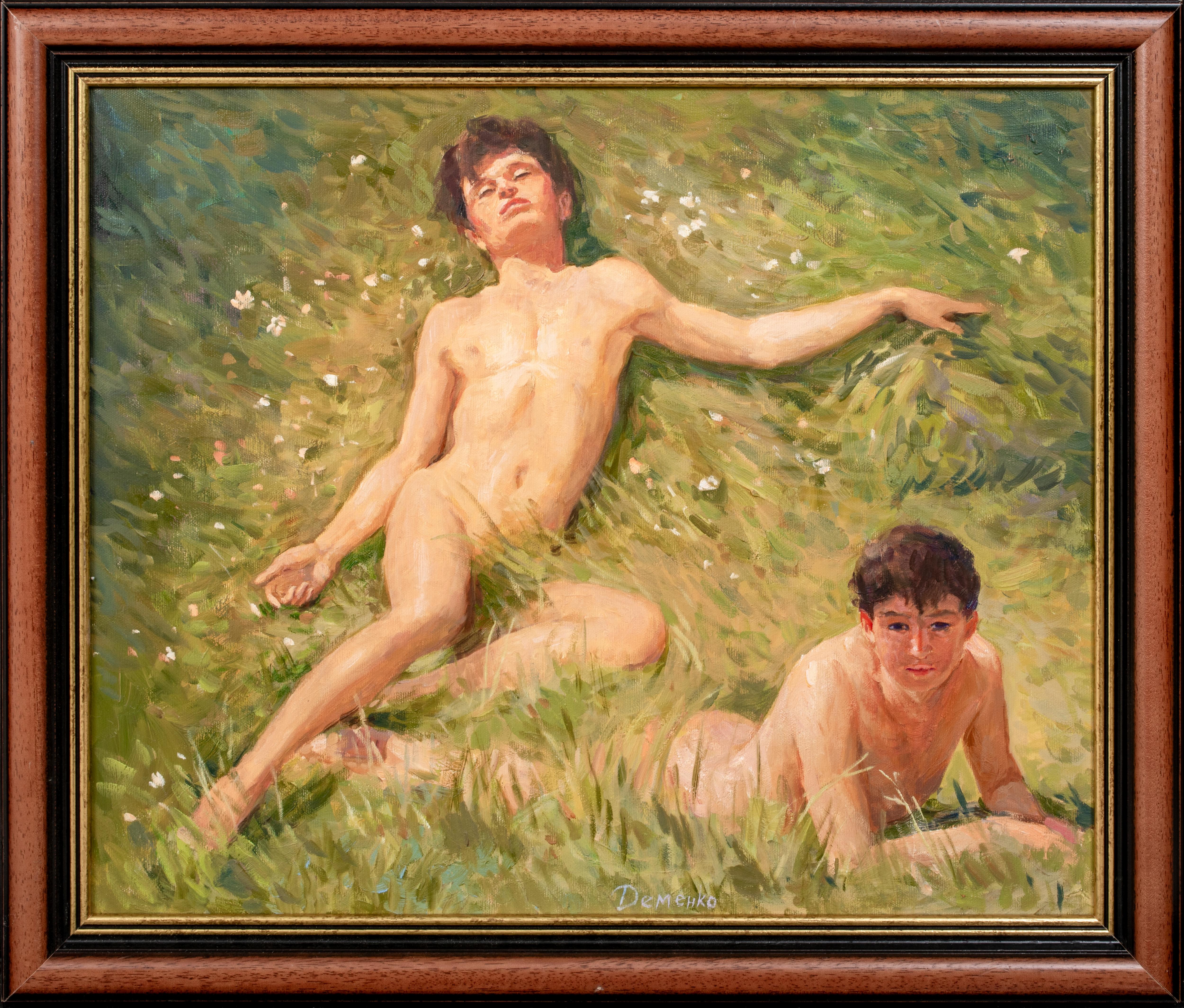 Unknown Nude Painting – Männliche Jungen im Sommergras  