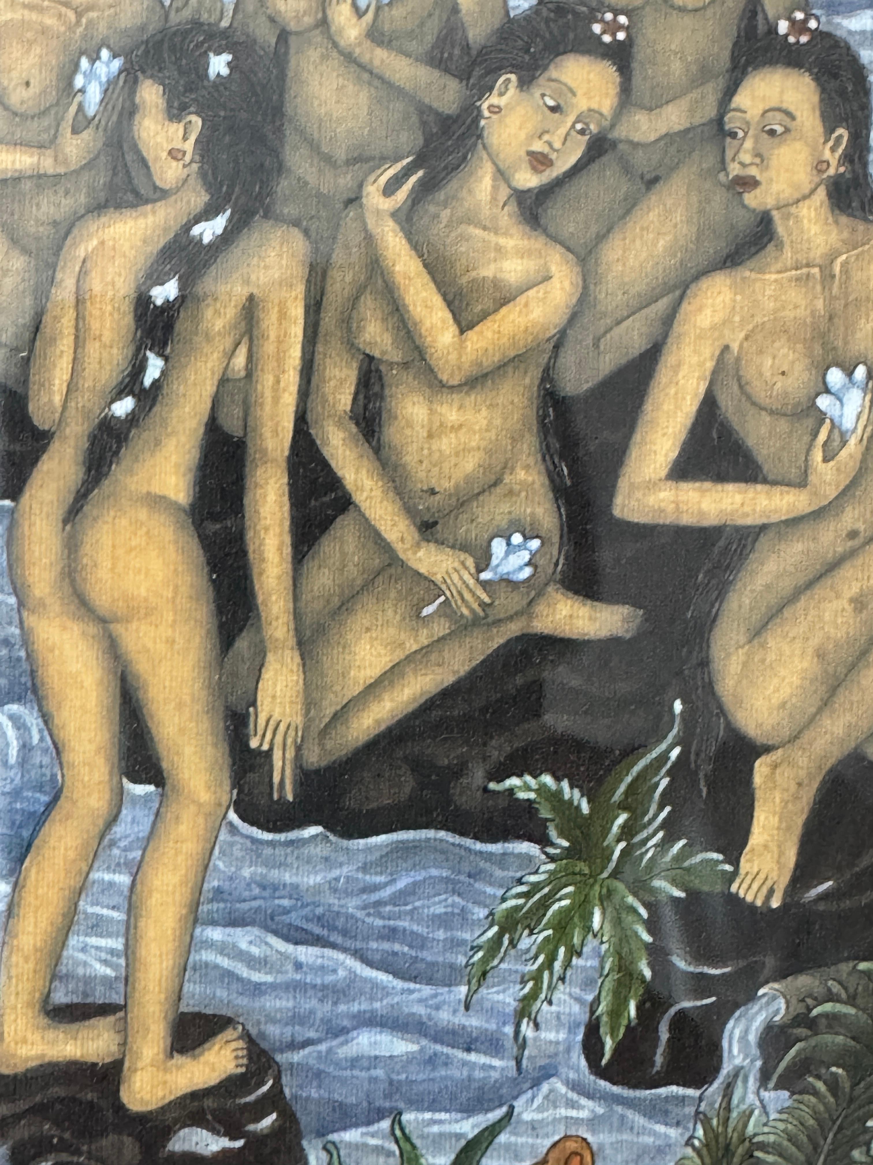 Mujeres Exóticas Desnudas Bañándose En Un Río
Gouache, acuarela sobre papel 10,5x8,25 pulgadas firmado INYOMAN  LILA BATUMAN Bali, fechado indistintamente en el ángulo inferior derecho.


