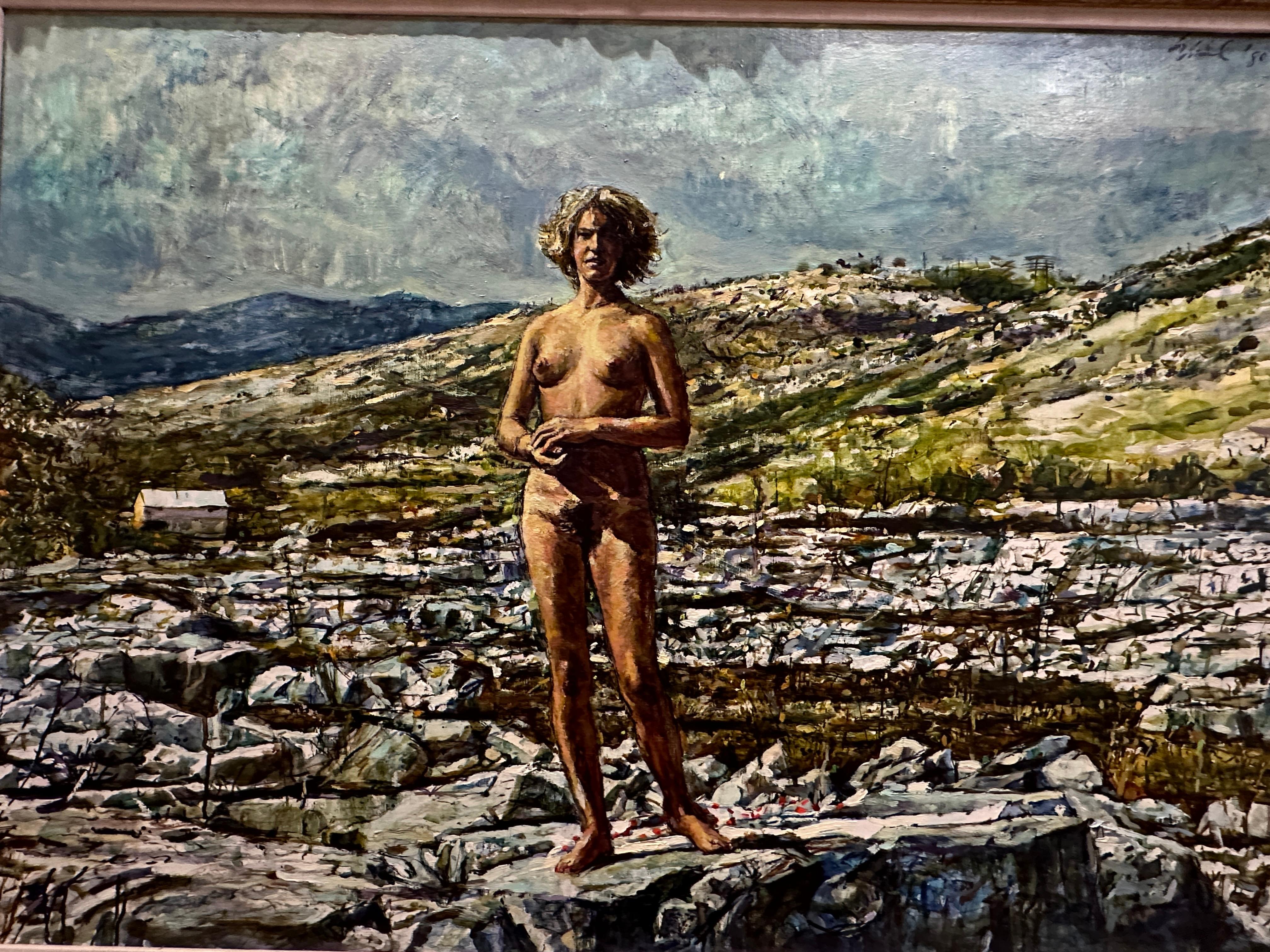 Donna nuda e libera in un paesaggio delle Montagne Rocciose di Shirl Goedike - Painting di Unknown