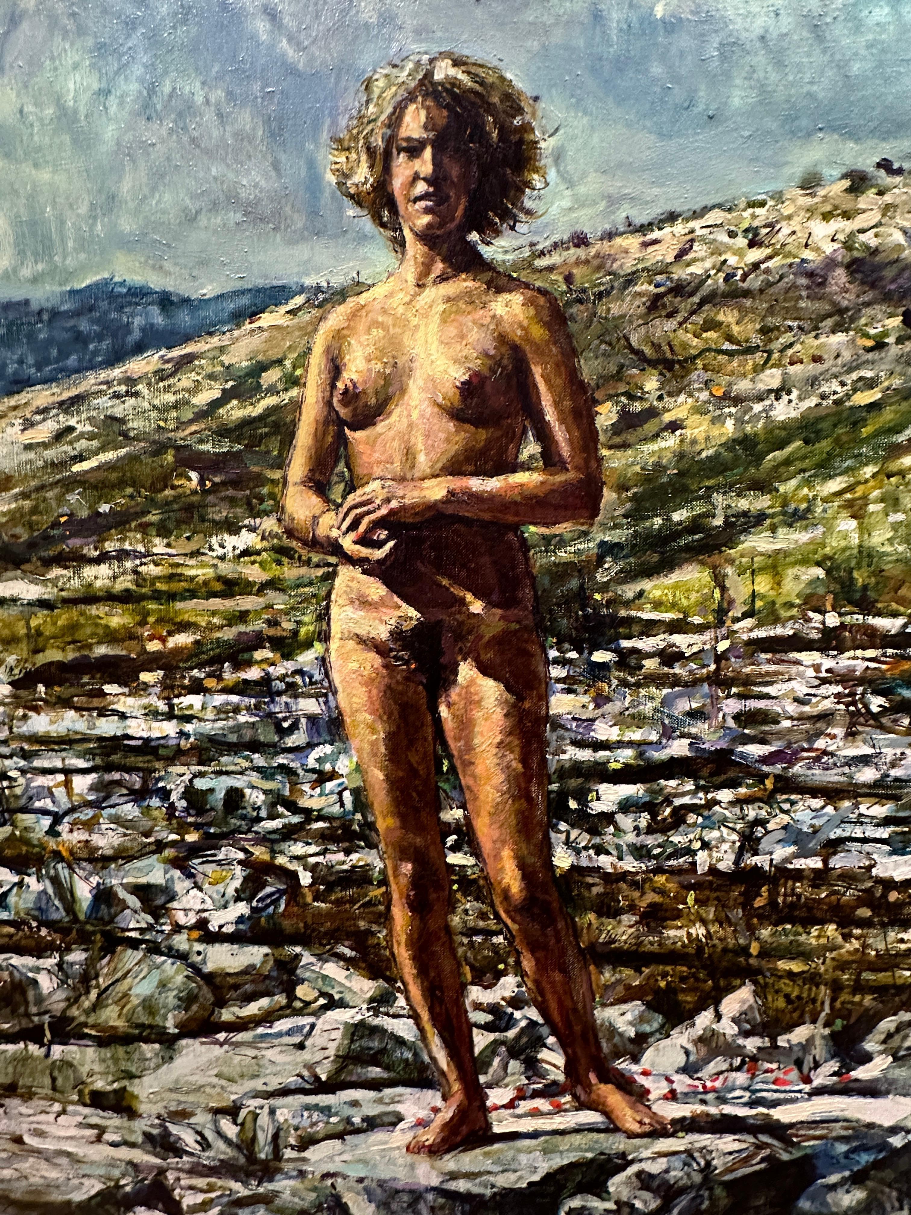 Donna nuda e libera in un paesaggio delle Montagne Rocciose di Shirl Goedike - Painting Scuola di Barbizon di Unknown