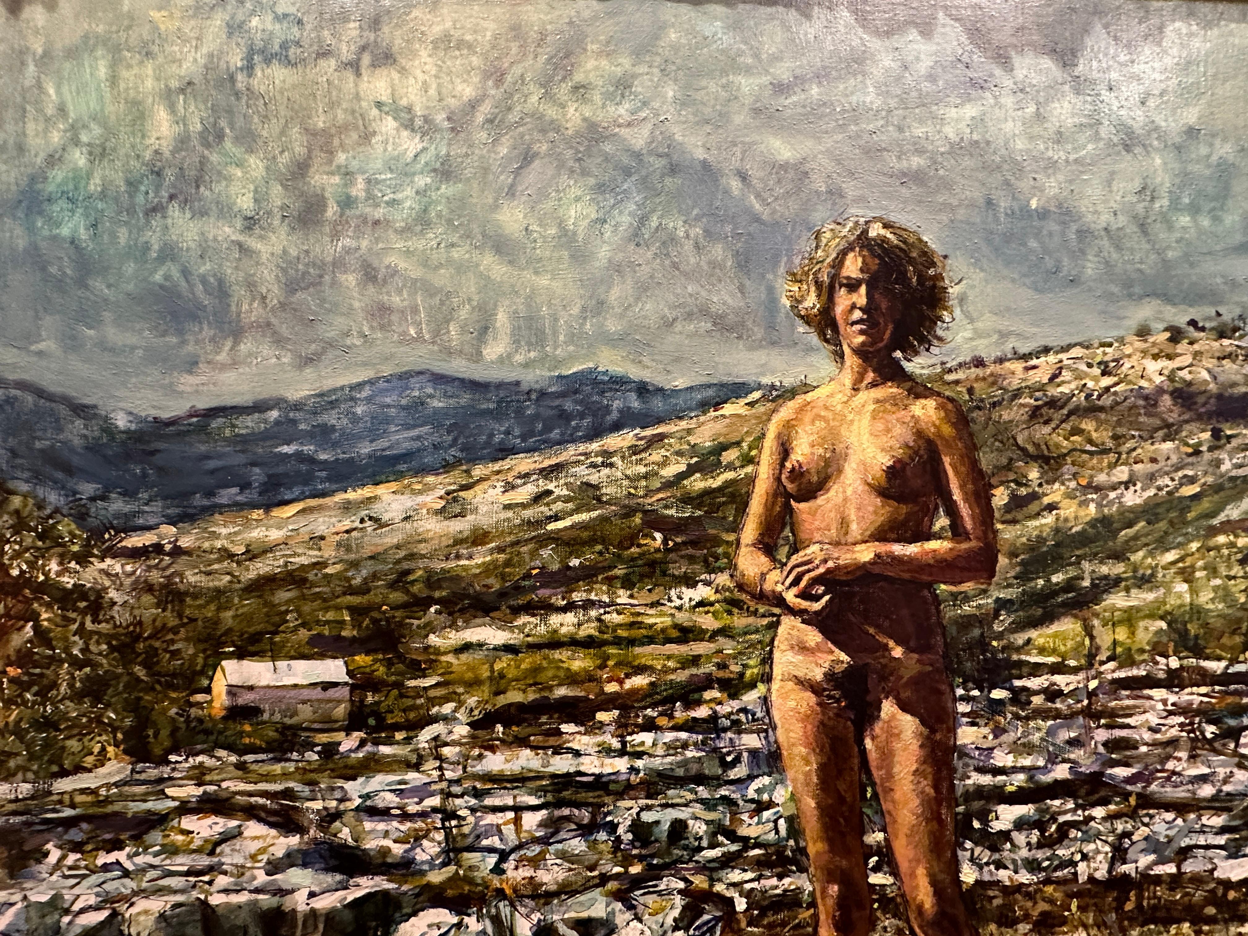 The painting reveals a nude woman, her aura exuding self-assurance. She stands upright on the rugged terrain of a rocky mountain. Her curly hair freely frames her face. The work is elegant, devoid of any hint of eroticism. Instead, it's a