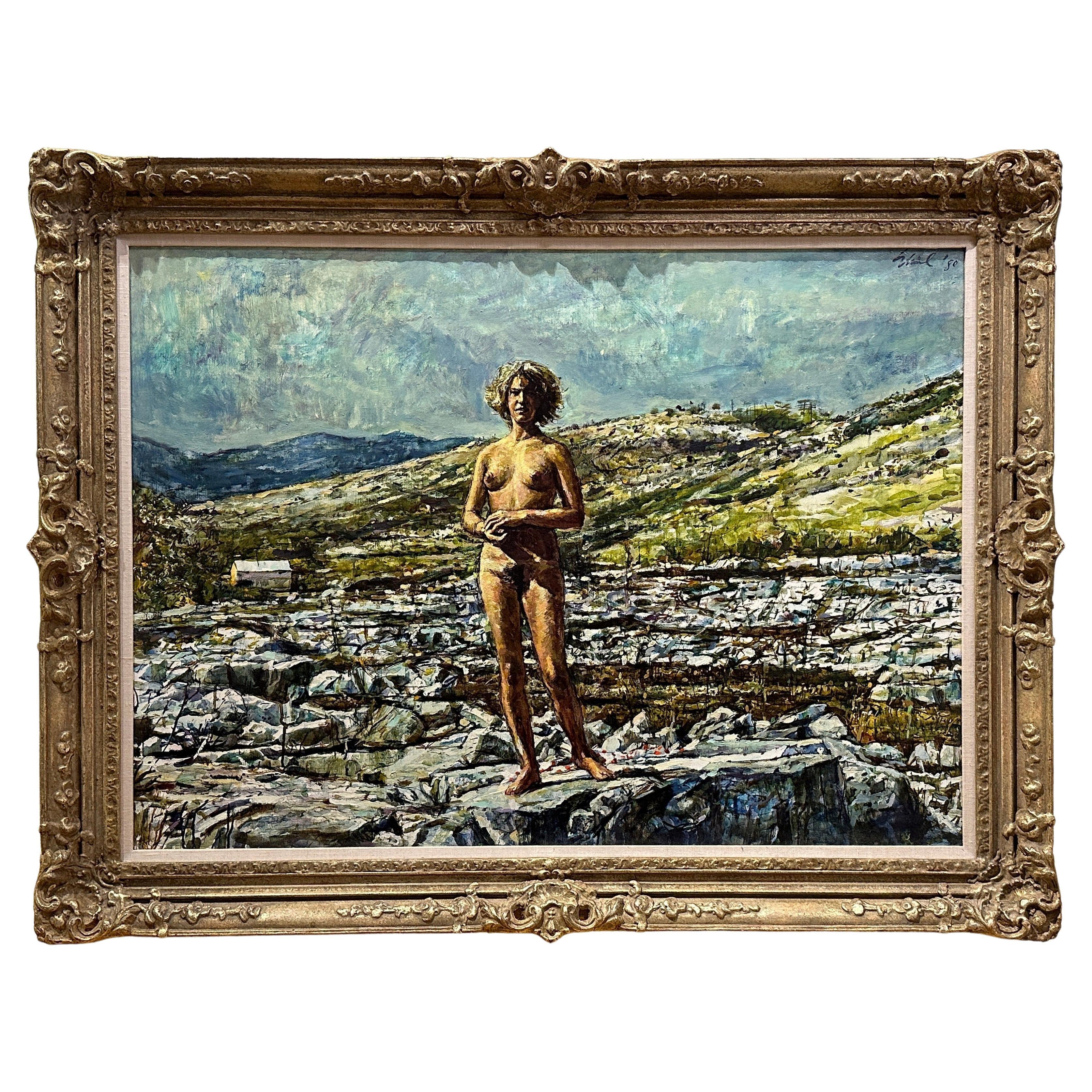 Unknown Figurative Painting - Nude Free Woman in a Rocky Mountain Landscape