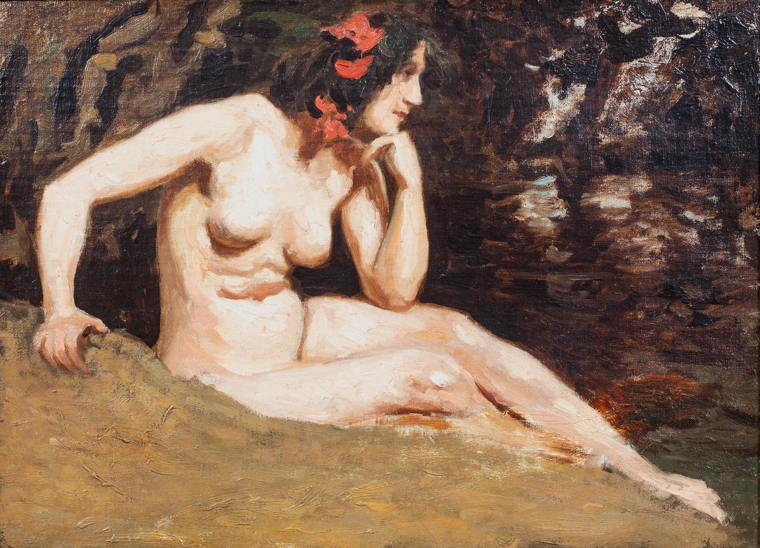 Nude Lady In A Woodland, 19th Century  by Edwin Nichol (1855-1923) - Brown Landscape Painting by Unknown