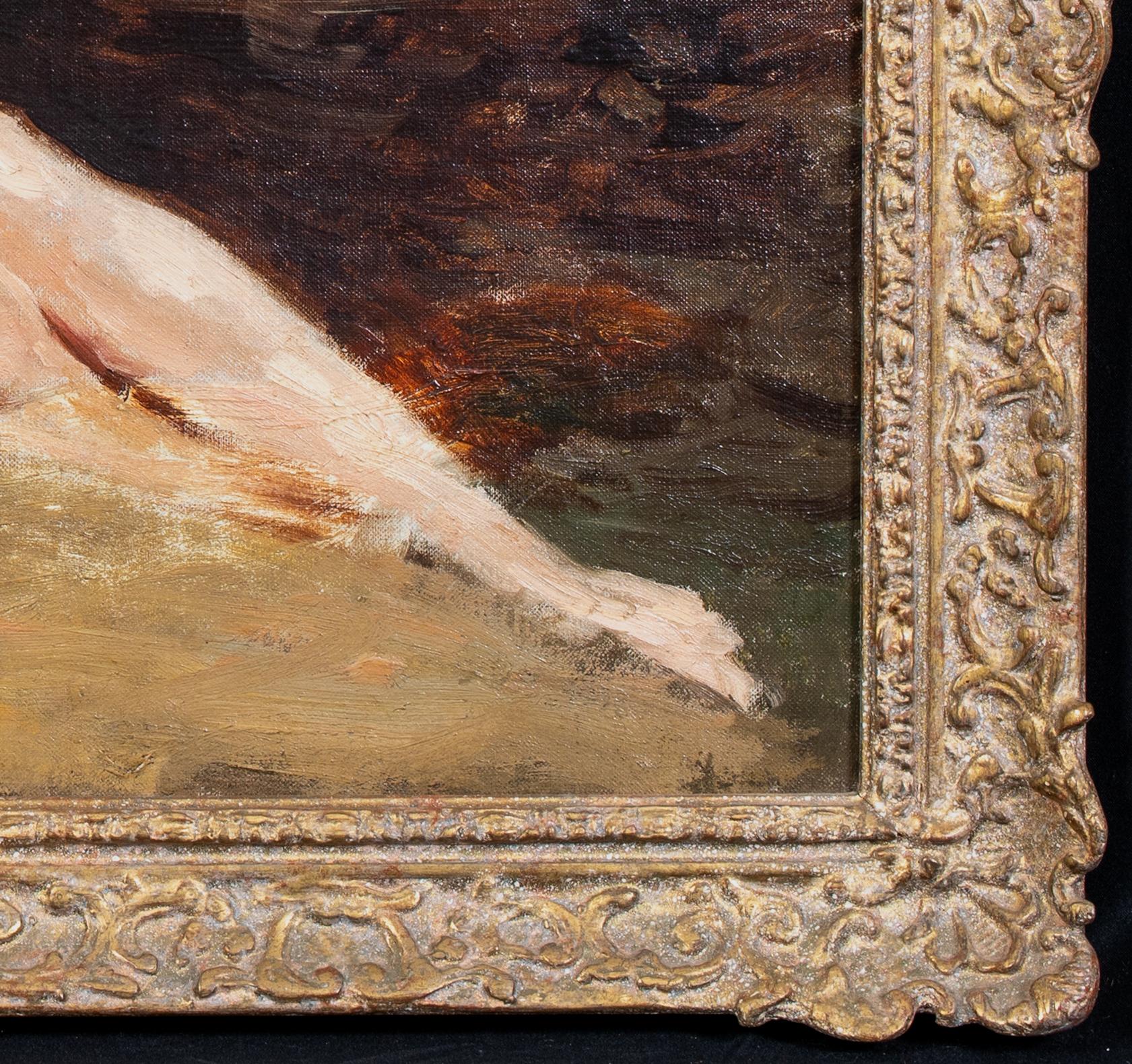 Nude Lady In A Woodland, 19th Century

by Edwin Nichol (1855-1923)

Large circa 1910 English School portrait of a nude lady in a woodland, oil on canvas by Edwin Nichol. Beautiful full length reclining nude portrait by the accomplished impressionist