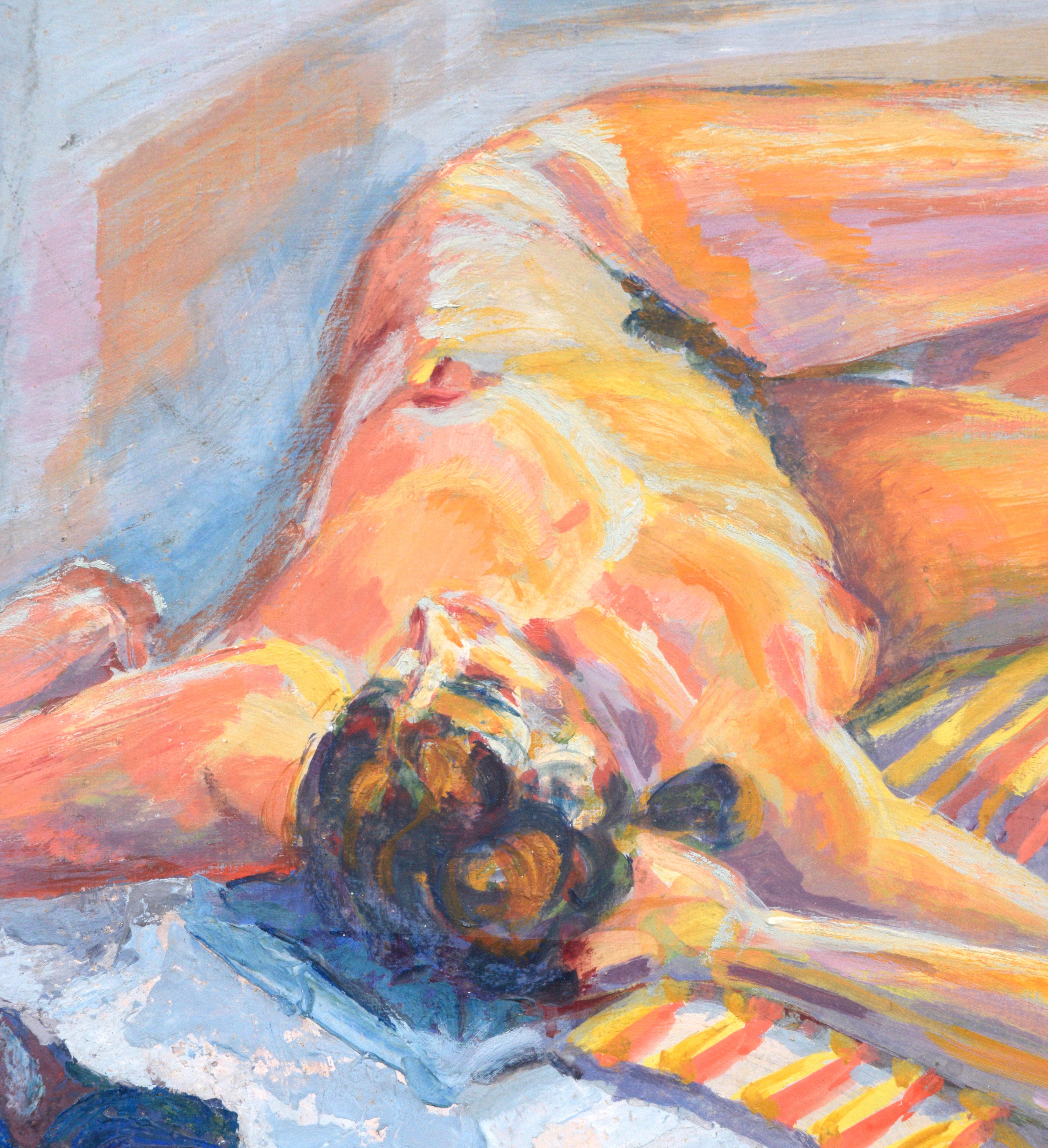 Liegender weiblicher Akt, figurativ, modernistischer Stil  (Amerikanische Moderne), Painting, von Unknown