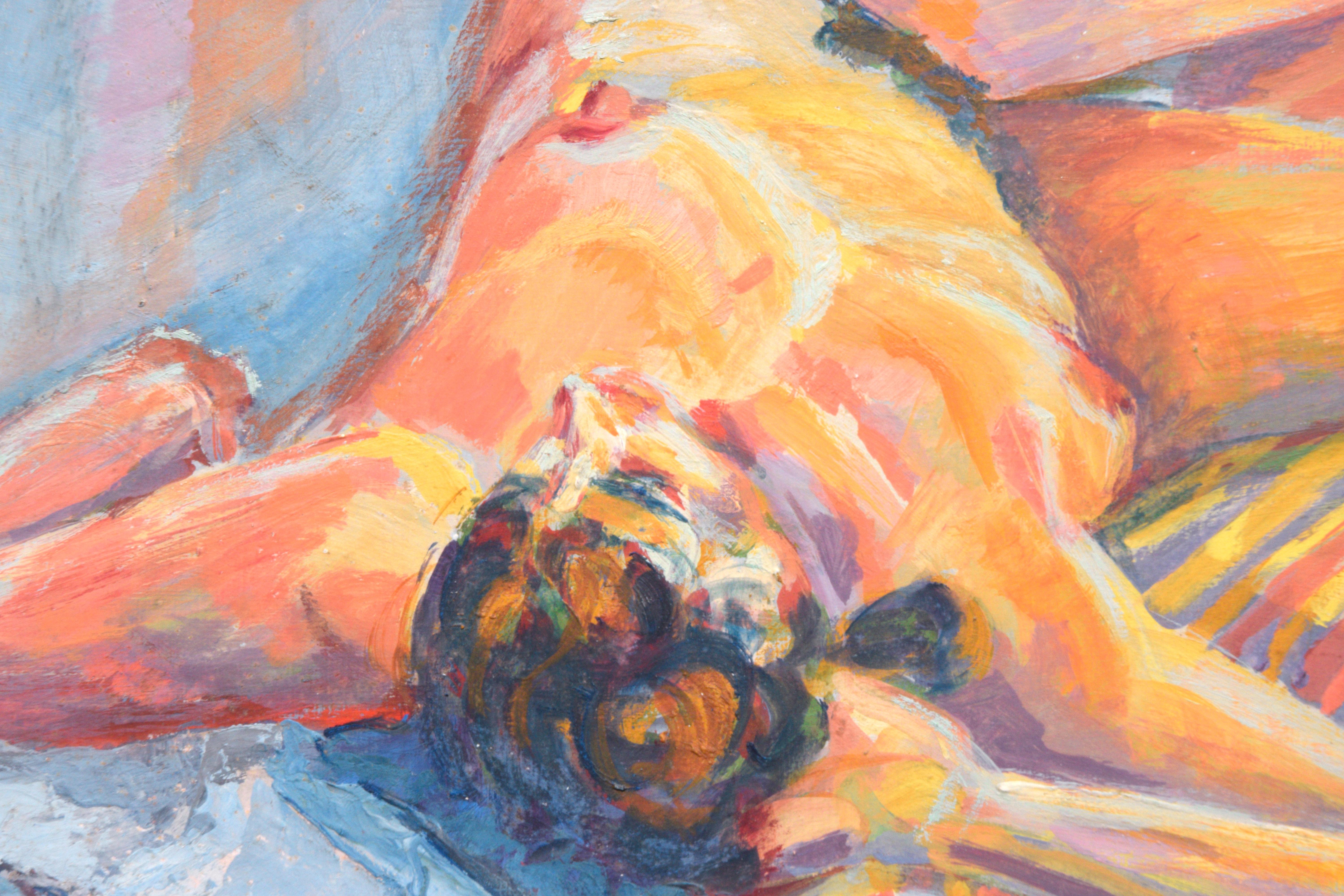 Modernistisches figuratives Gemälde eines liegenden weiblichen Aktes von einem unbekannten Künstler (Amerikaner, 20. Jahrhundert). Diese lebhafte Figur aus dem späten 20. Jahrhundert zeigt einen leuchtend farbigen, liegenden Frauenakt mit einer
