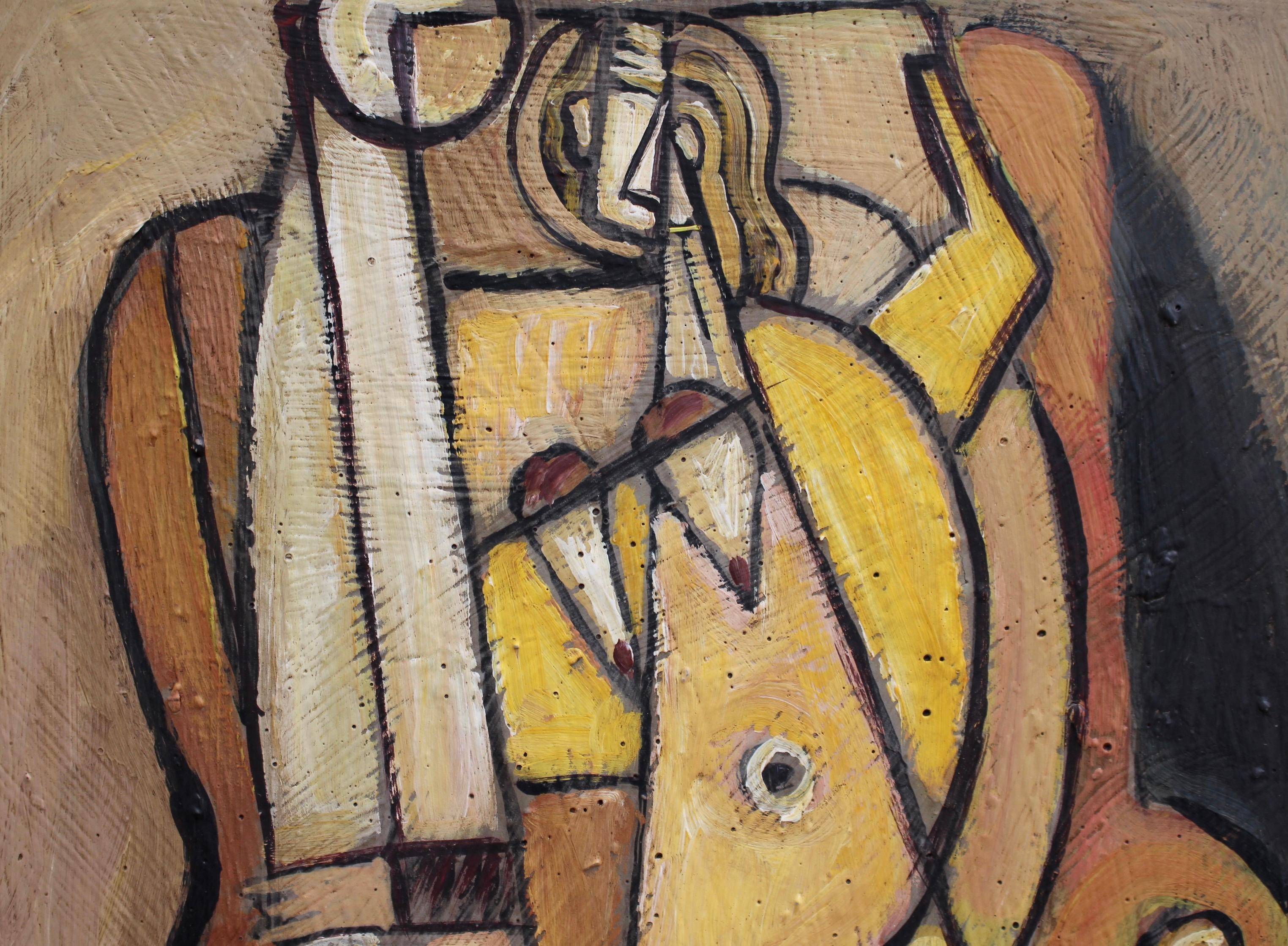 'Nude Seated on Armchair' oil on canvas, Berlin School, initialed 'MR', (circa 1960s). This artwork is derivative of a famous work by Pablo Picasso created in 1913. It marked a breakthrough in the style known as Synthetic Cubism, wherein