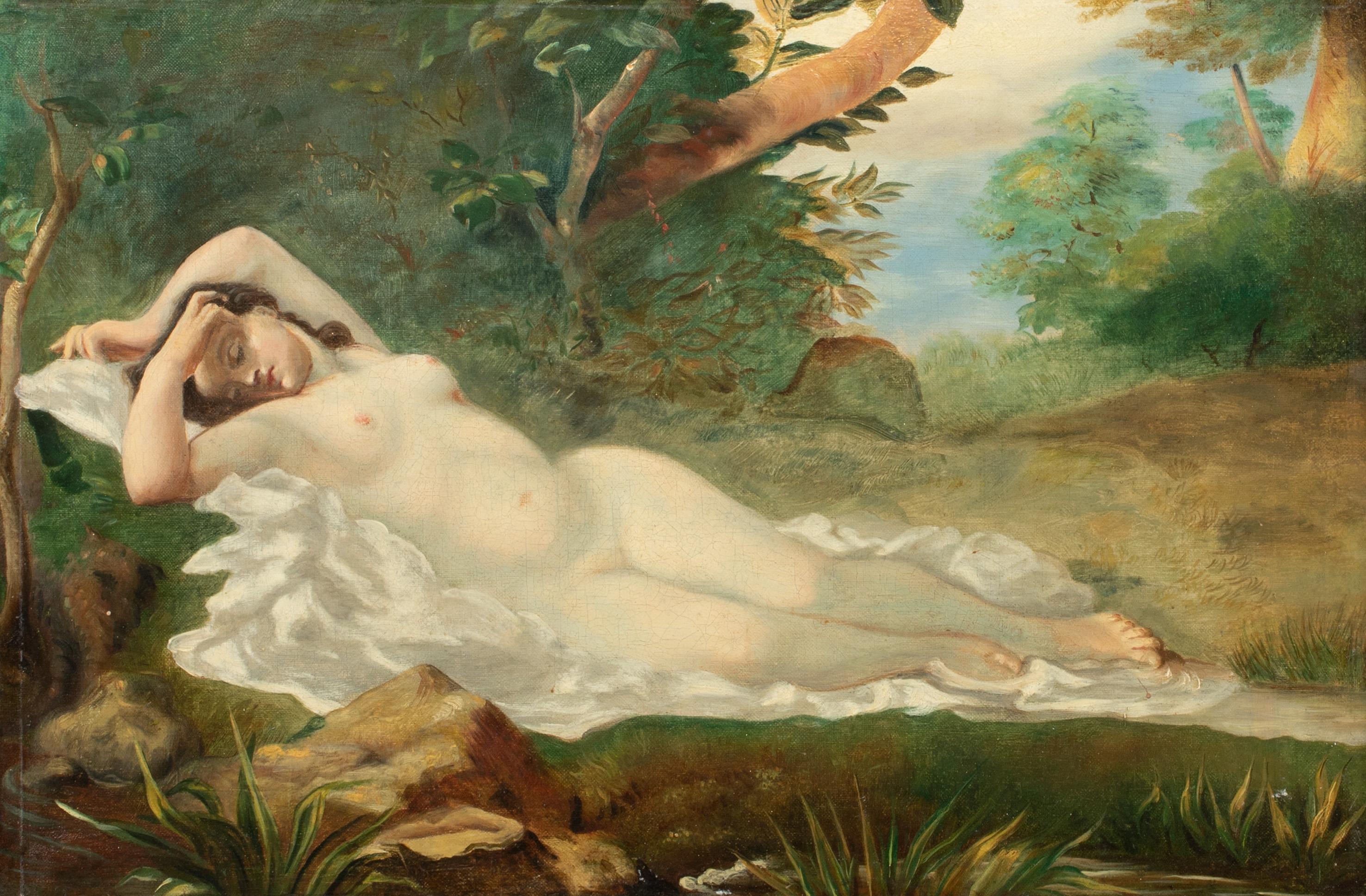 Nude Sleeping In The Forest, 19th century 

French Classical School

Large 19th Century French Nude sleeping in a forest, oil on canvas. Excellent quality and condition full length scene of a young nude asleep on a woodland clearing. Presented in a