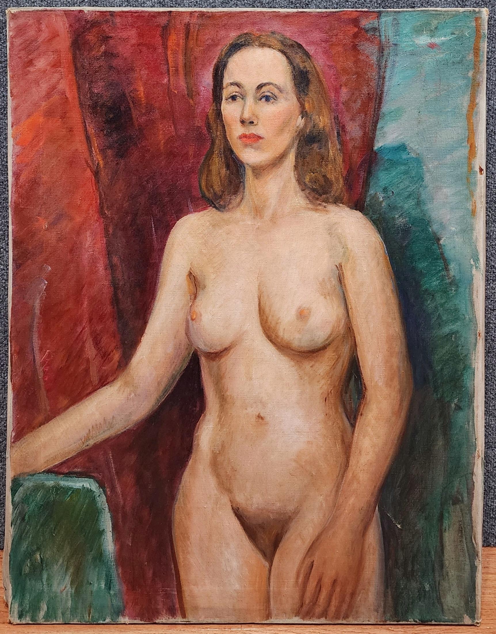Akt, Stehender weiblicher Akt Porträt – Painting von Unknown