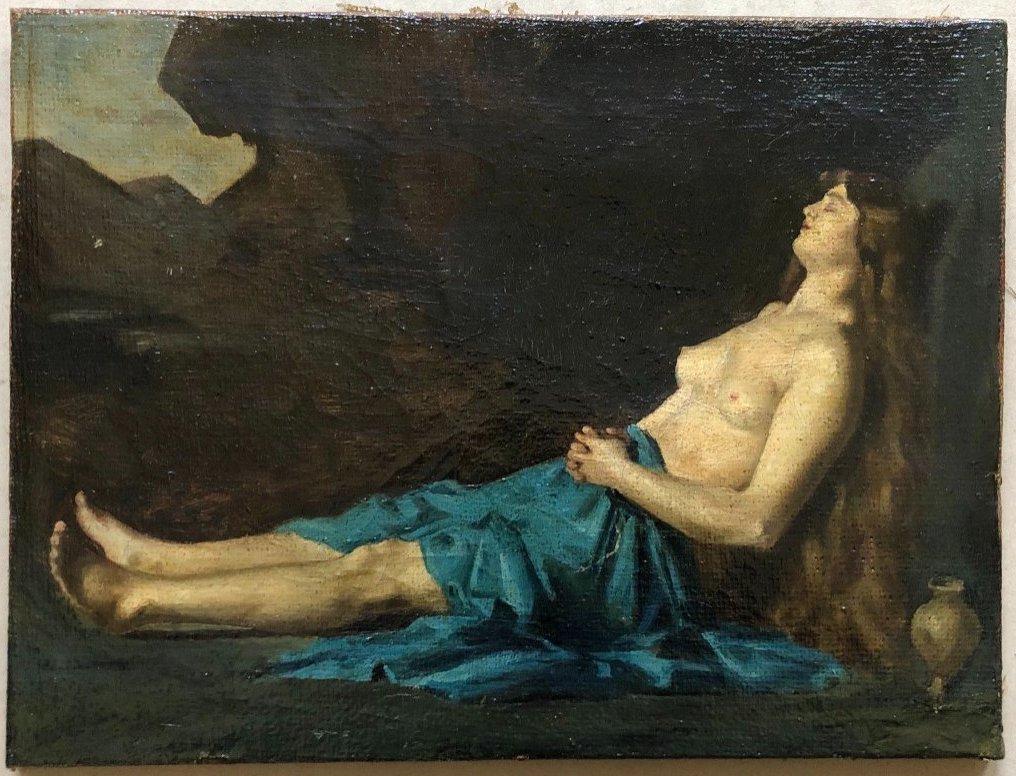 Nude woman resting, original antique oil on canvas, French Romantic School - Painting by Unknown