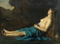 Nude woman resting, original antique oil on canvas, French Romantic School