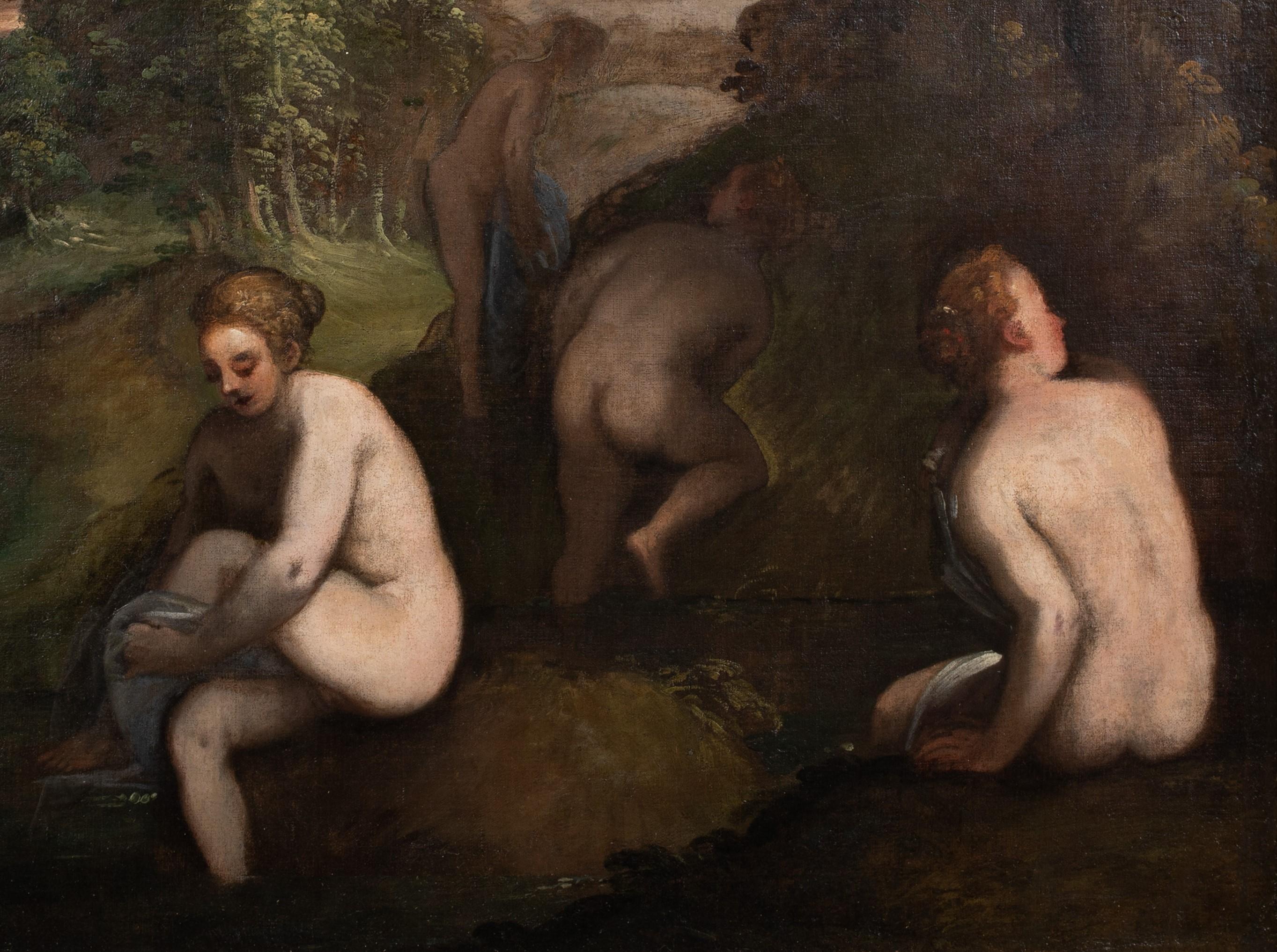 Nude bathing in A Landscape, 16th/17th Century

Italian / Flemish School

Huge 16th 17th century Italian Flemish School landscape with nude bathers, oil on canvas. Excellent quality and condition circa 1600 extensive landscape with the nudes /