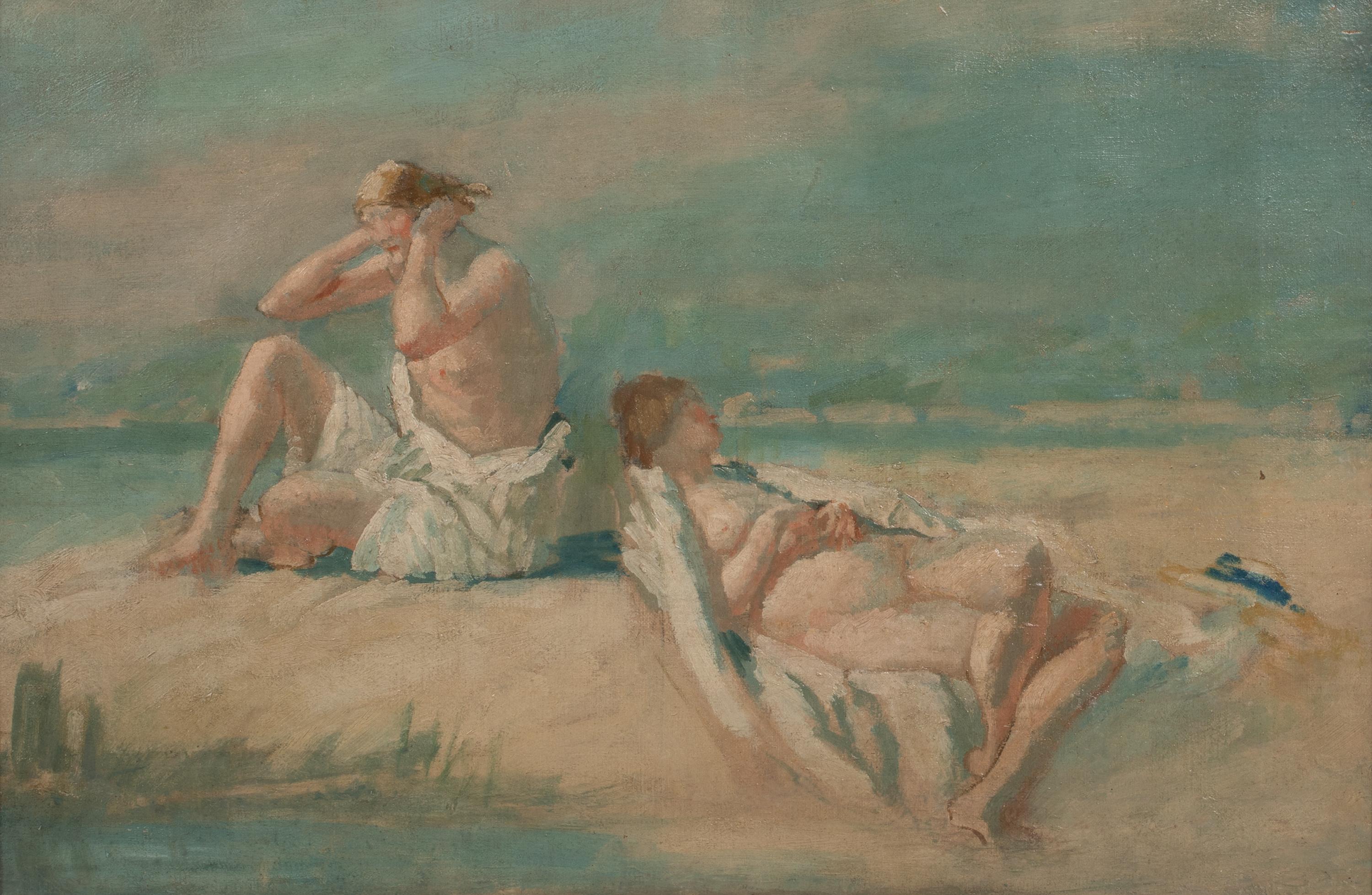 Nudes Sunbathing On A Beach, 19th Century

circle of PHILIP WILSON STEER (1860-1942)

Large 19th Century English beach scene with nudes sunbathing, oil on canvas. Excellent quality and condition circa 1900 Impressionist figurative study of a pair of