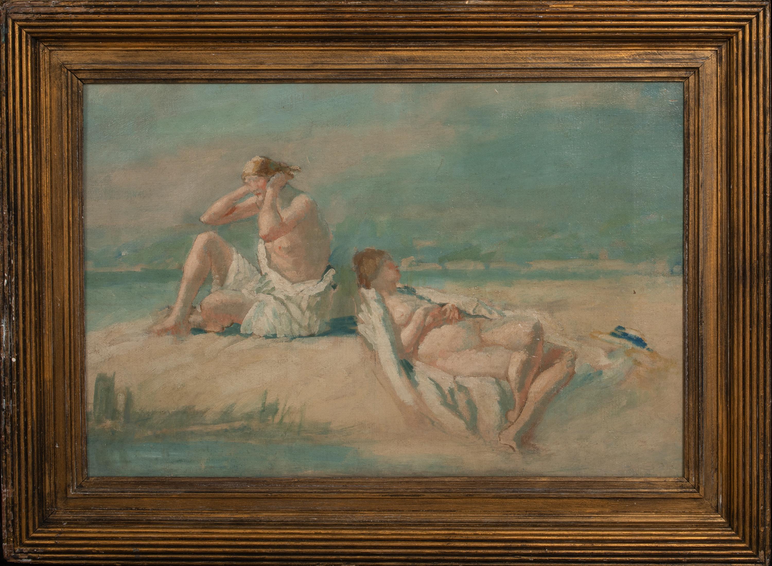 Nude Painting Unknown - Nus prenant un bain de soleil sur une plage, 19e siècle  Cercle de PHILIP WILSON STEER