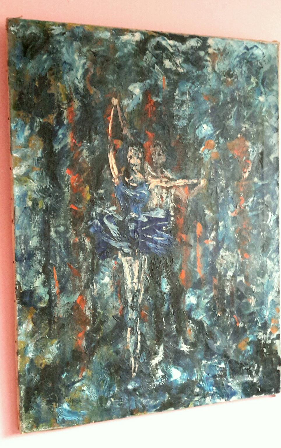 Grande huile sur toile belge de style expressionniste du début du 20e siècle représentant une scène symboliste d'un couple de danseurs de ballet dans une forêt en feu.
Le tableau est signé au dos mais illisible, daté de 1932 et intitulé 