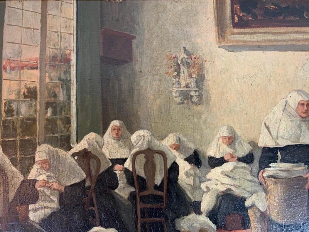 Nonnen bei der Arbeit, Original Antikes Öl auf Tafel, Flämische Schule – Painting von Unknown