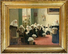 Nonnen bei der Arbeit, Original Antikes Öl auf Tafel, Flämische Schule