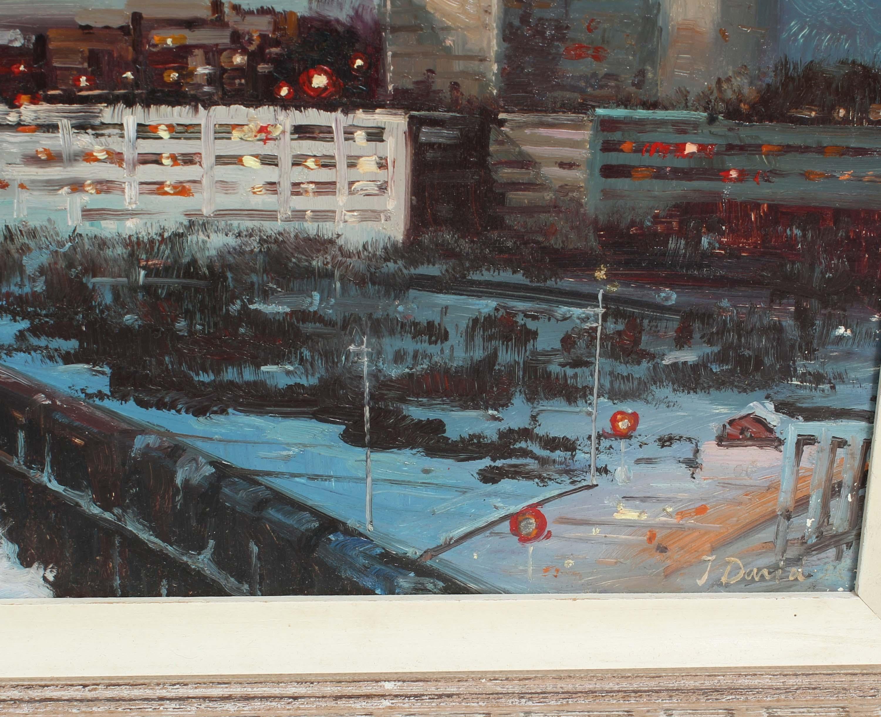 NYC Nocturnal Train Yard Industrial Oil Painting Framed Signed 1930's - Gray Landscape Painting by Unknown