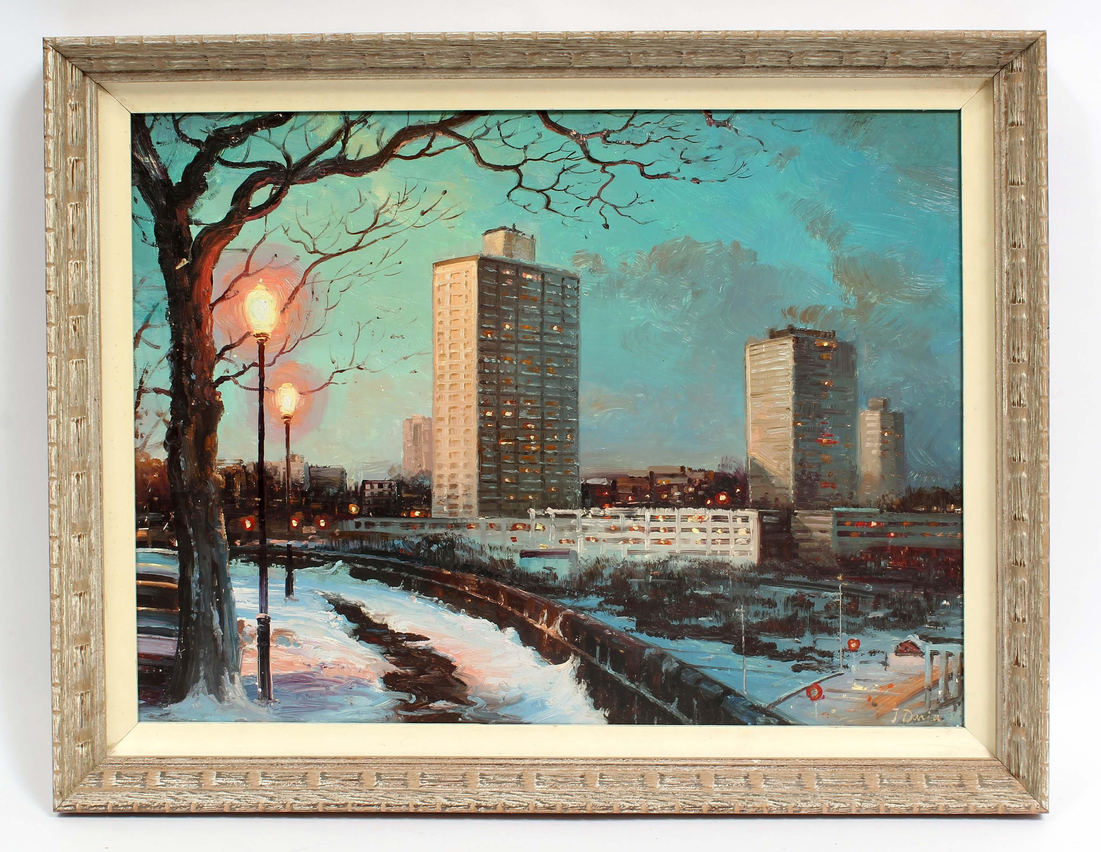 Unknown Landscape Painting - NYC Nocturnal Train Yard Industrial Oil Painting Framed Signed 1930's