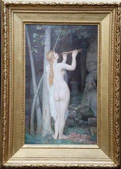 Nymph Playing pipes Beneath Tree - Pre Raphaelite art female nude oil painting