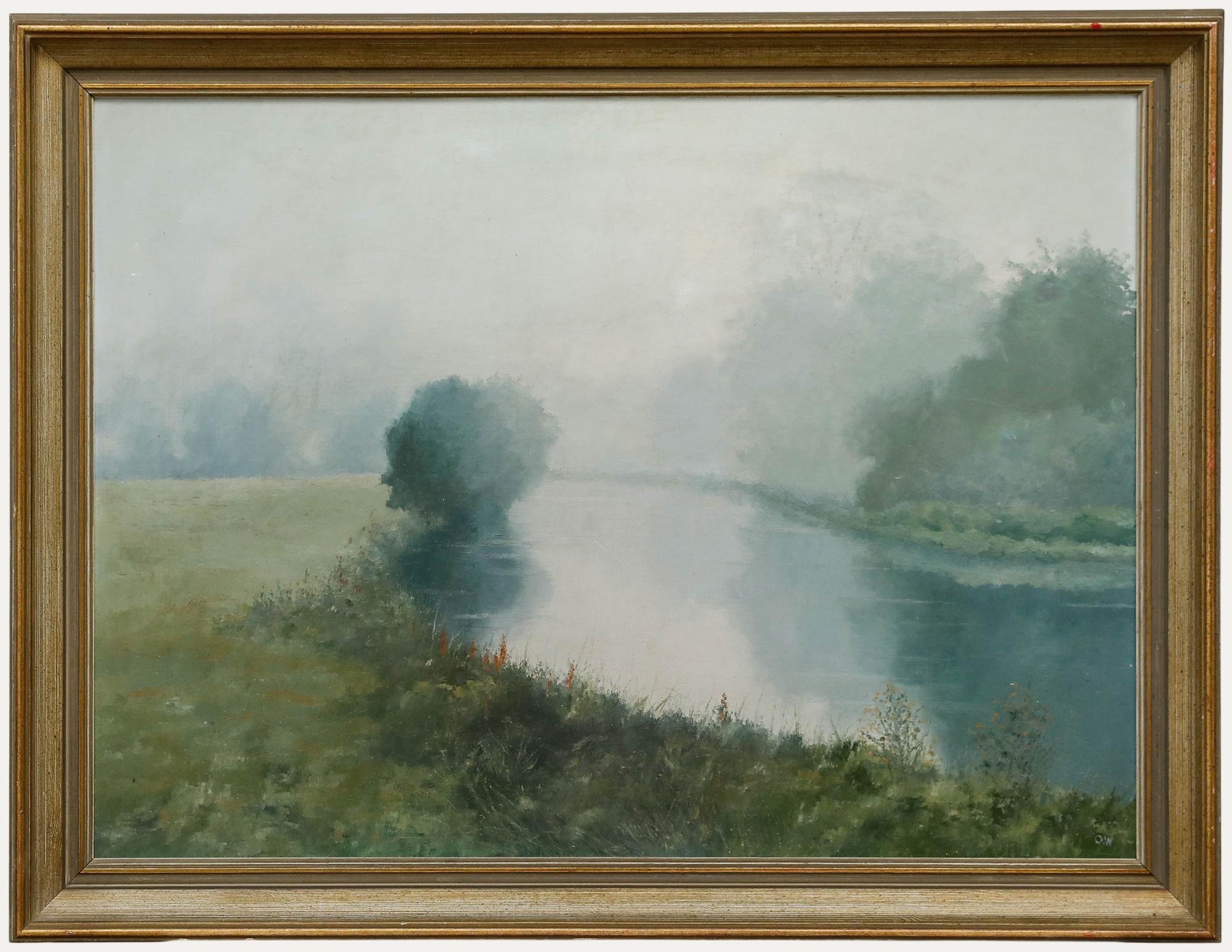 Landscape Painting de Unknown - O. W.  - Óleo de la Escuela Británica de mediados del siglo XX, Niebla matinal