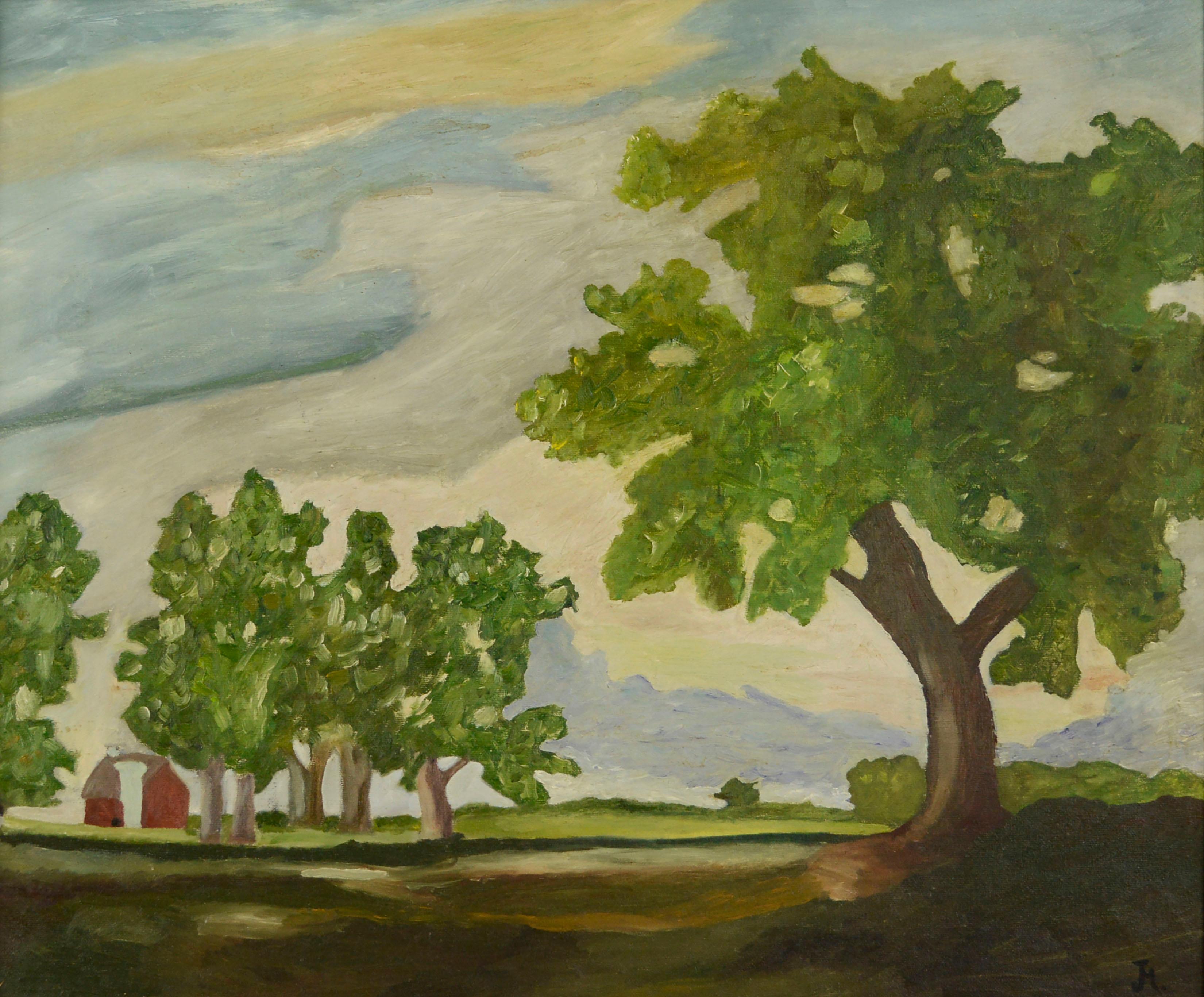 Oak Trees with Red Barn, Mid-Century Pastoral Summer Landscape  - Painting by Unknown