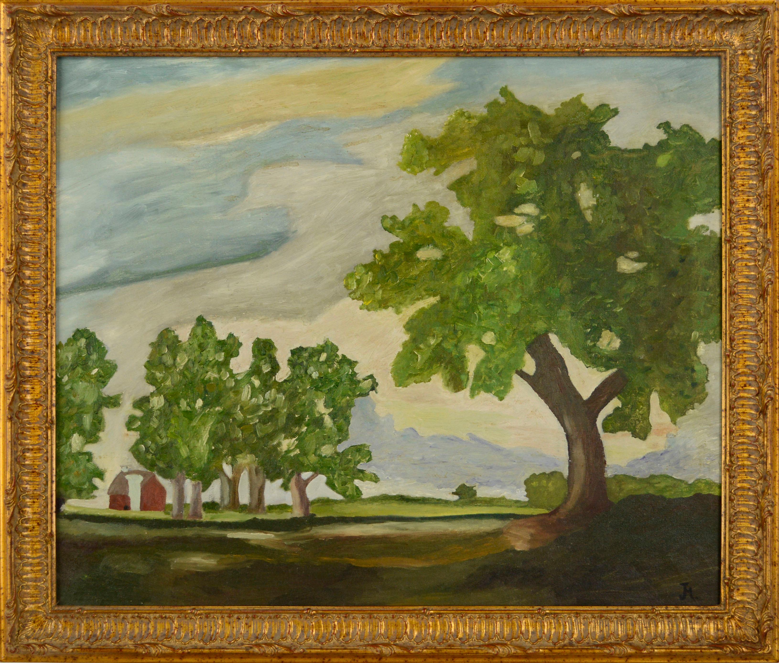 Unknown Landscape Painting - Oak Trees with Red Barn, Mid-Century Pastoral Summer Landscape 