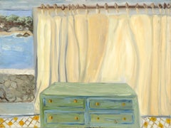 Vintage "Oaxaca Bedroom", Contemporary Interior Scene with Green Dresser & Ocean View