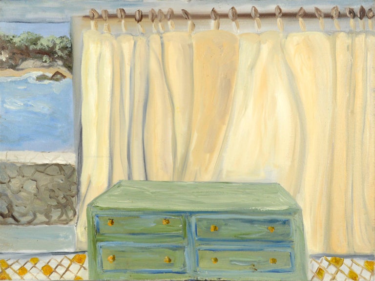 Unknown Landscape Painting - "Oaxaca Bedroom", Contemporary Interior Scene with Green Dresser & Ocean View