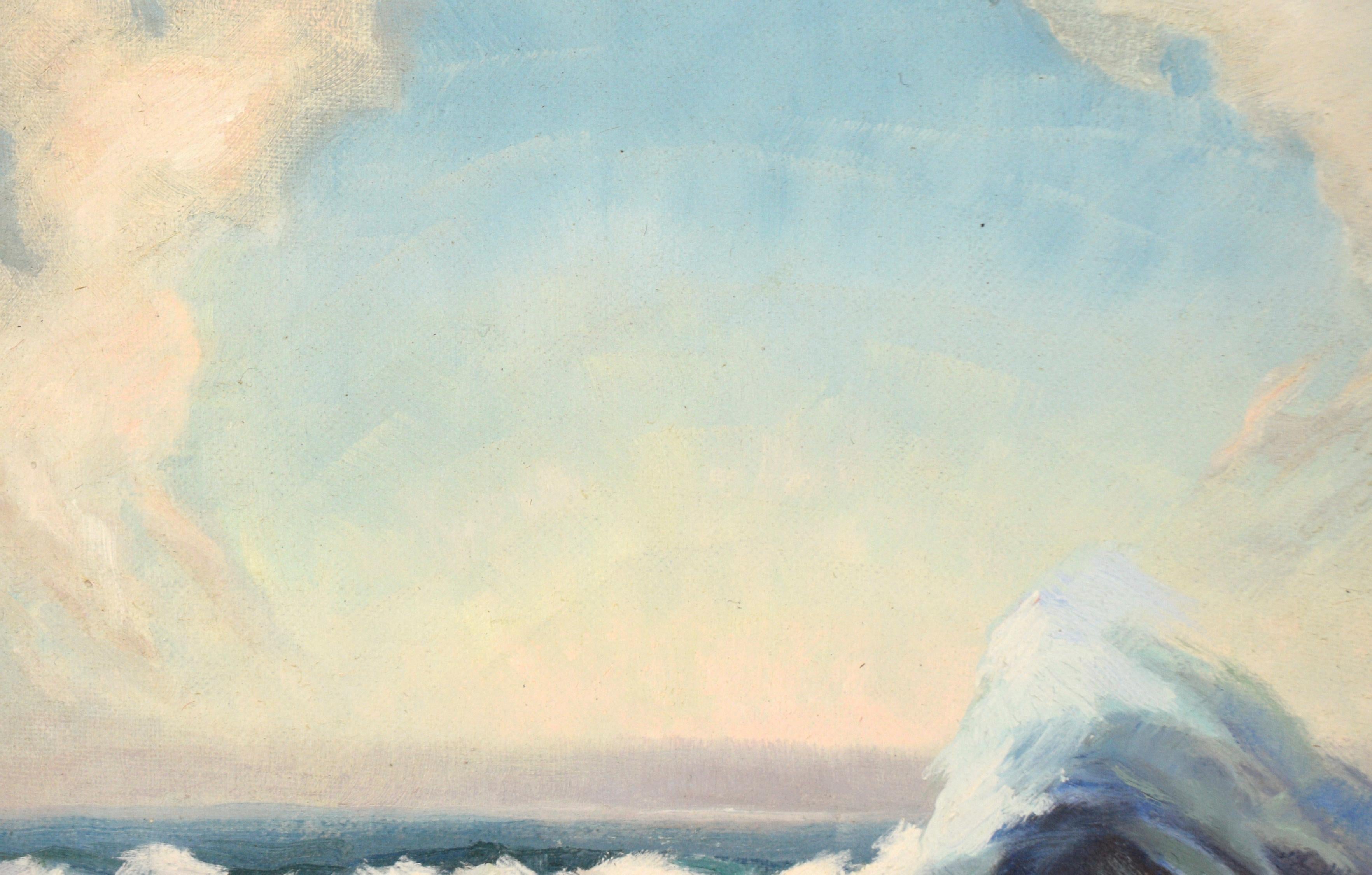 Ocean Rolling Over the Rocks, Seascape - American Impressionist Painting by Unknown