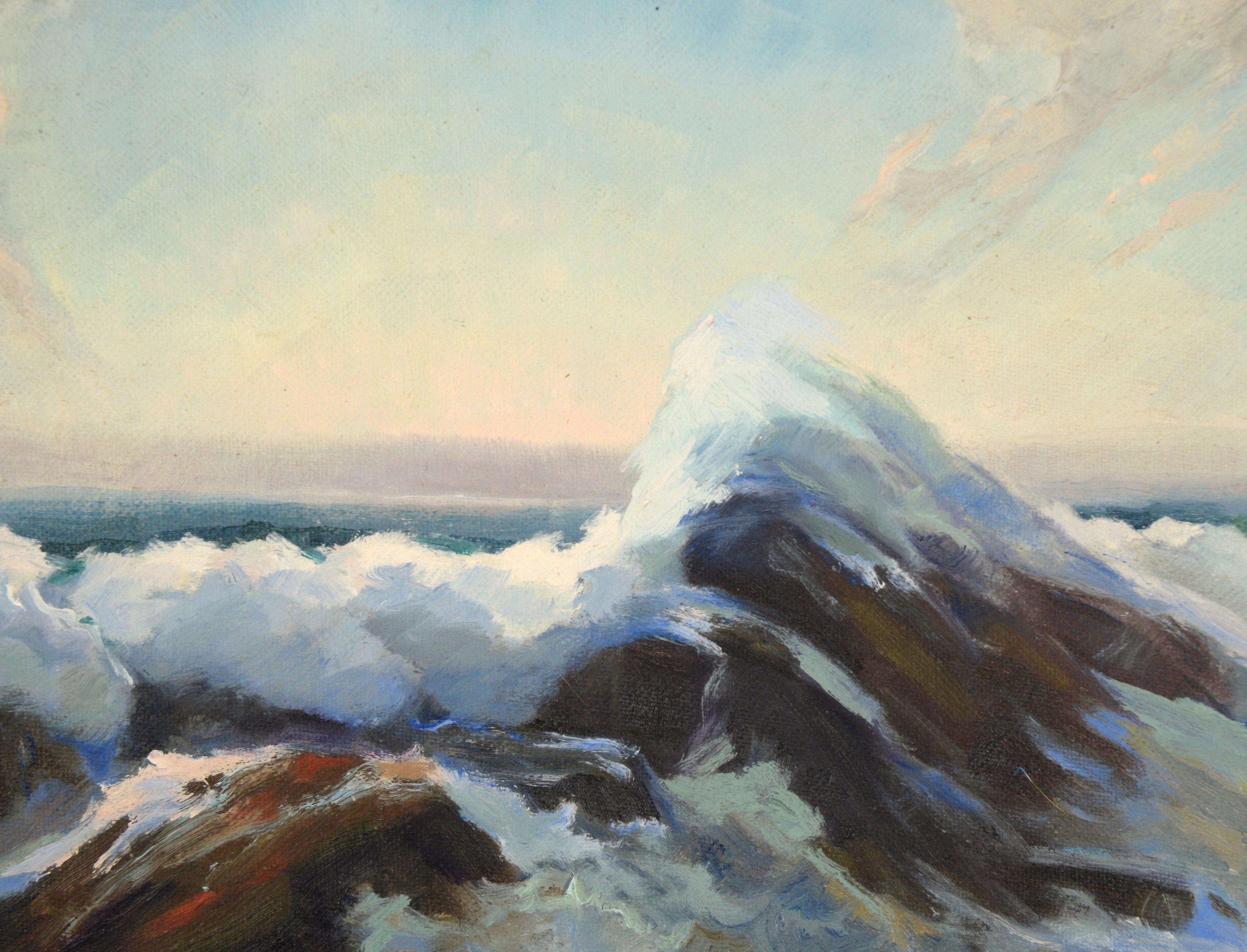 Dynamic seascape by unknown artist S. J. (20th Century). Waves are crashing over rocks, flowing over the top towards the viewer. In the background, subtle rays of sunlight emerge from over the horizon to a faint pink hue to a delicate