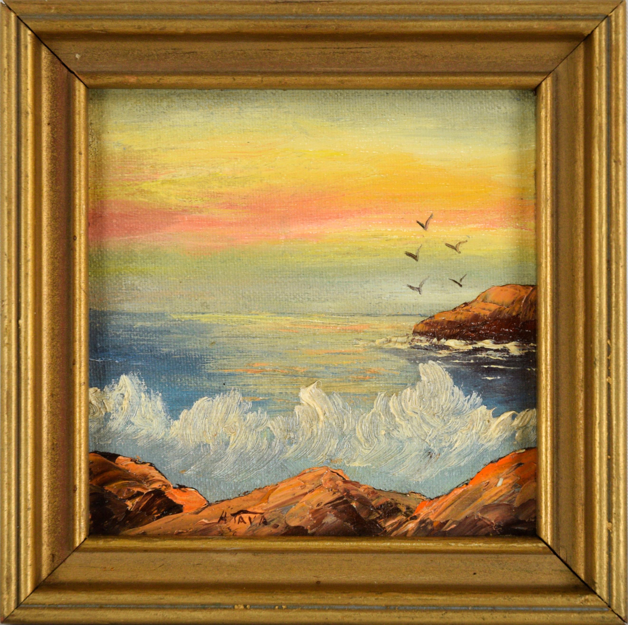 Unknown Landscape Painting - Ocean Splash at Sunset - Small Plein Air Oil Painting on Canvas