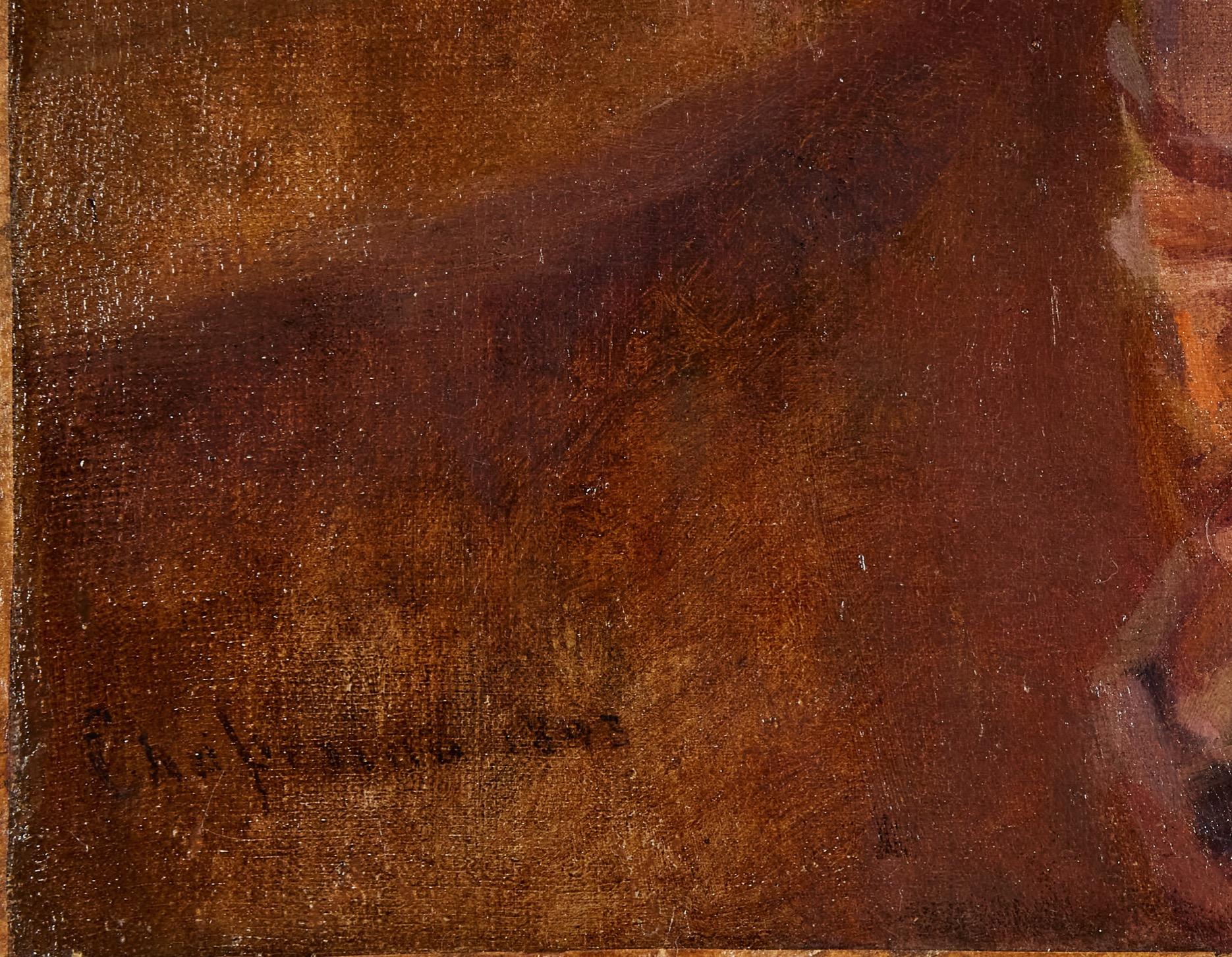 Un'odalisca orientale in piedi che tiene le mani unite verso l'alto contro il lato della testa. Dietro di lei un drappeggio e a destra, più indietro, un'apertura verso una terrazza con il cielo illuminato dal sole e l'oceano. 
Un dipinto molto bello