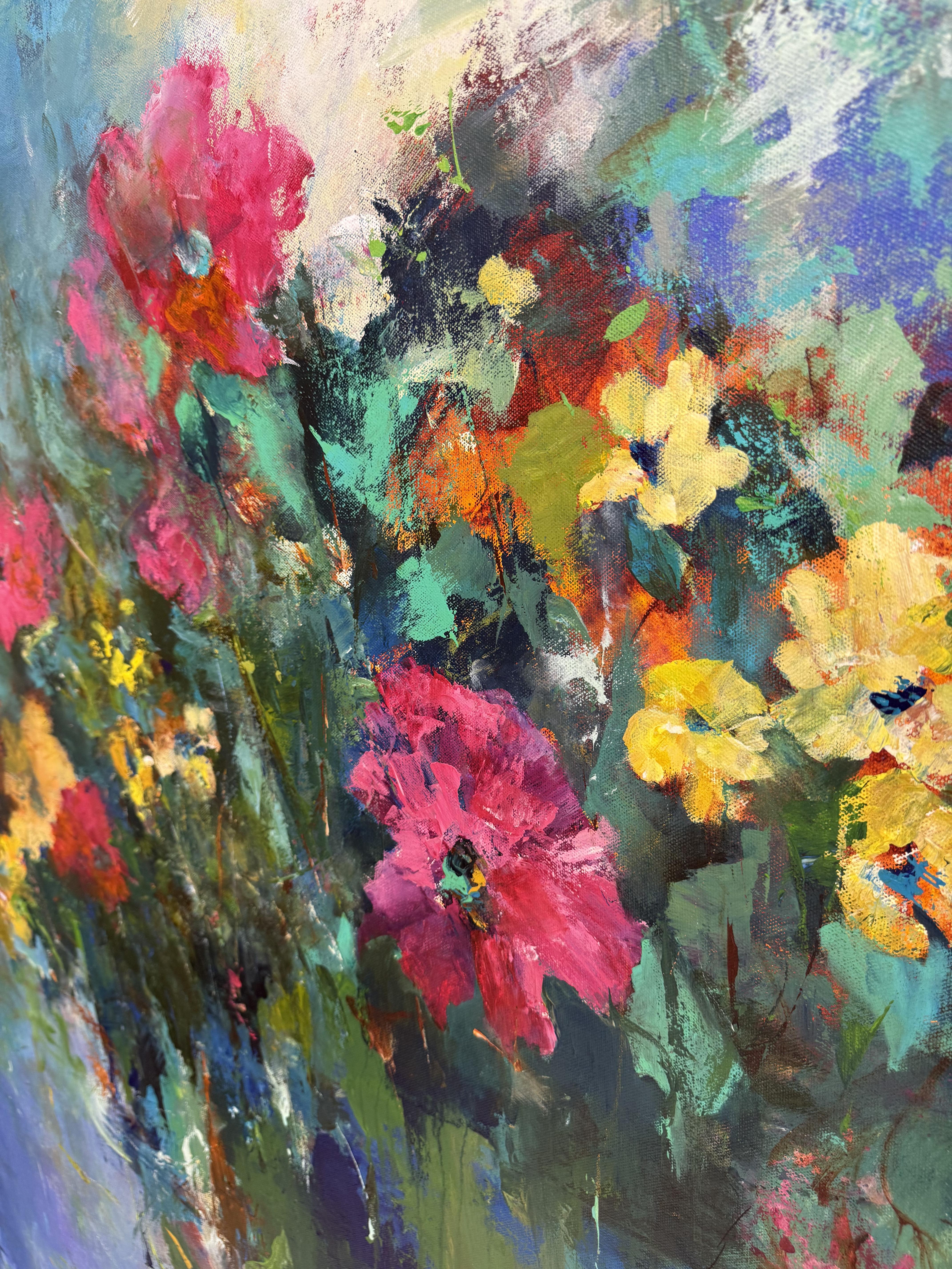 Abbraccia la tranquilla bellezza della primavera con questo quadro acrilico 48x60. Lascia che il fresco blu porti un senso di calma all'inizio della stagione. Le pennellate di fiori si raccolgono nel vaso blu, offrendo ai fiori un luogo sereno in
